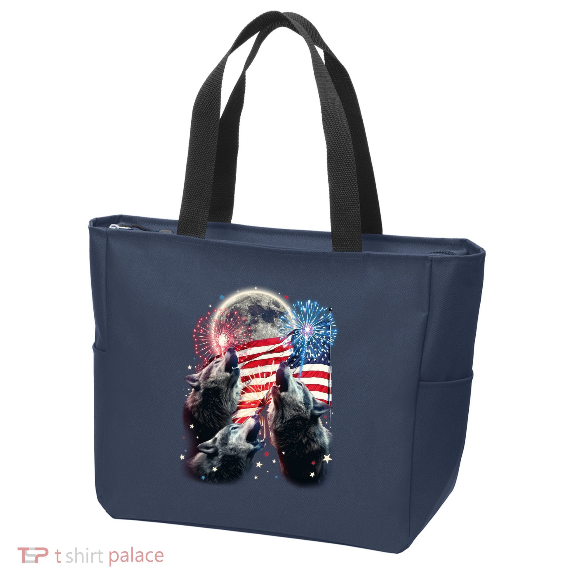 Patriotic Usa American Flag Three Wolves Moon Tote Bag