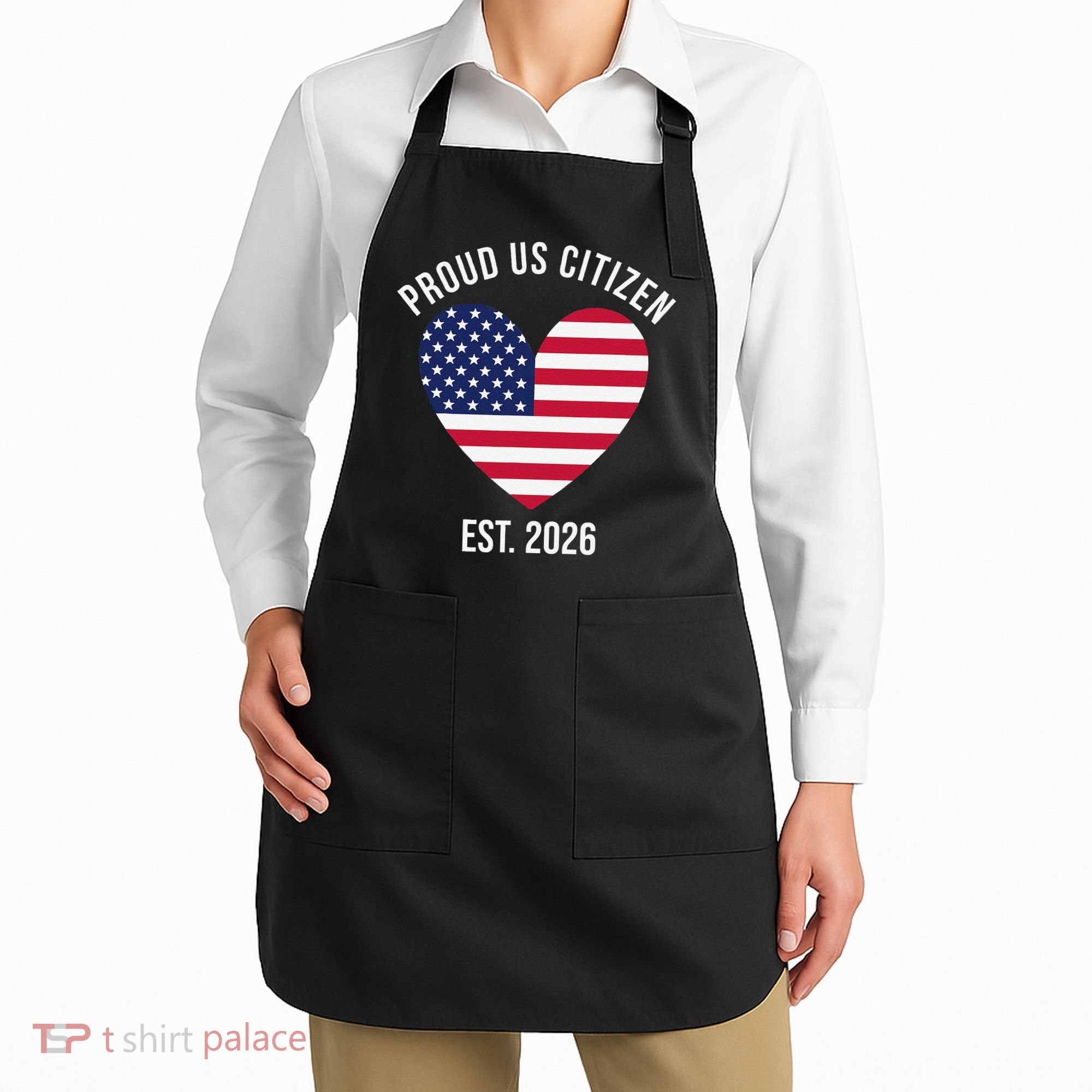 Proud US Citizen EST 2026 USA Flag Heart Apron