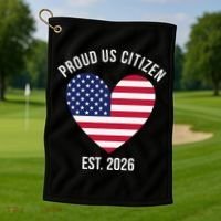 Proud US Citizen EST 2026 USA Flag Heart Golf Towel thumb 1