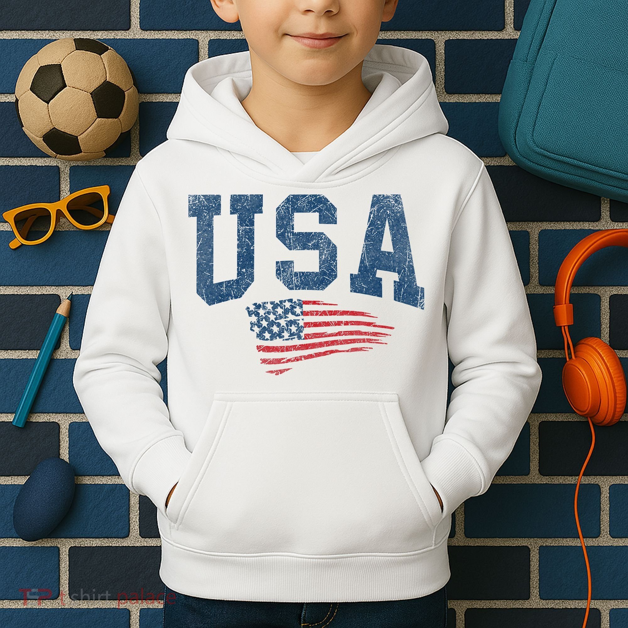 Patriotic USA  Distressed American Flag Kids Hoodie