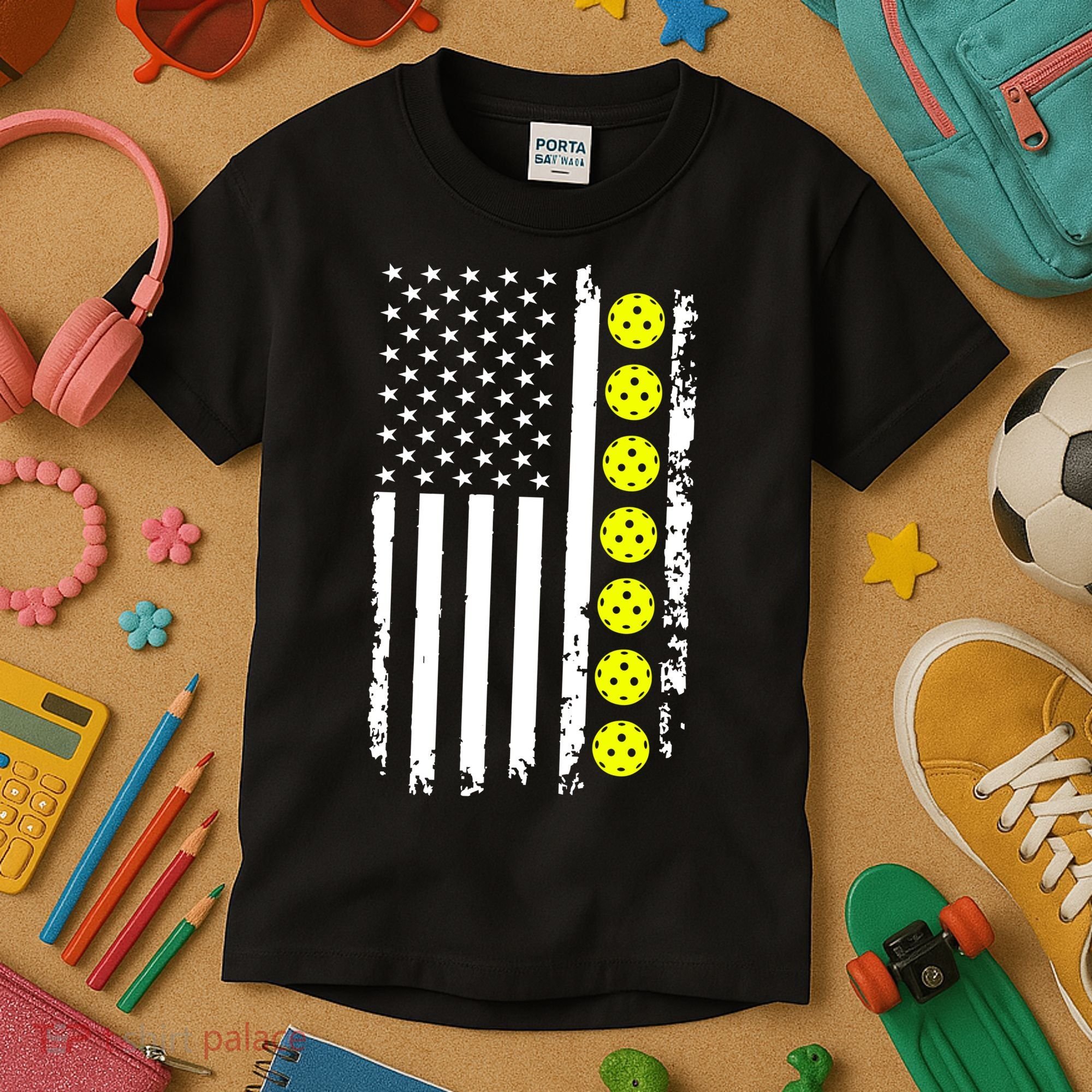 Pickleball USA Flag American Sport Kids T-Shirt
