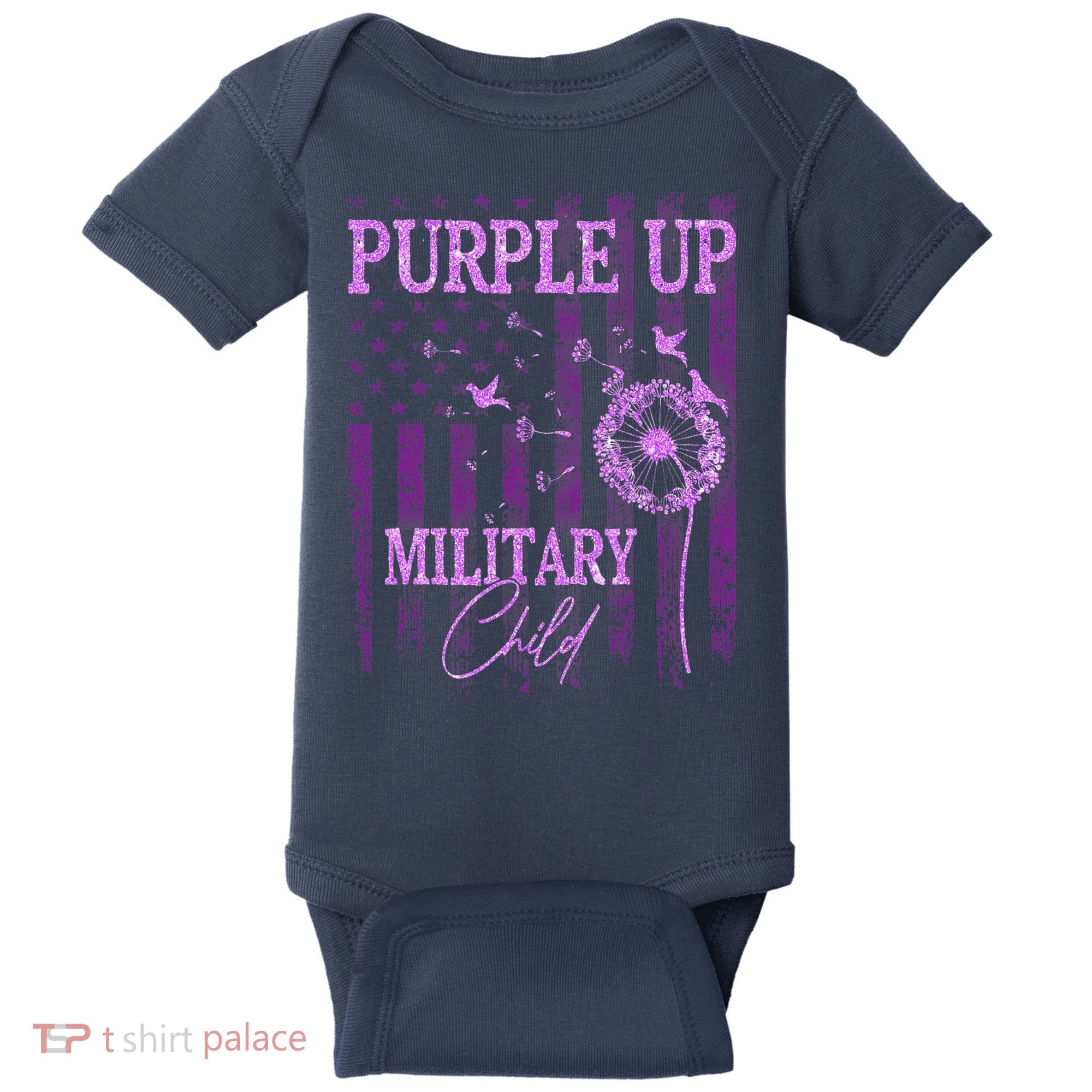 Purple Up For Military Child Month Dandelion Sparkle Flag Baby Bodysuit