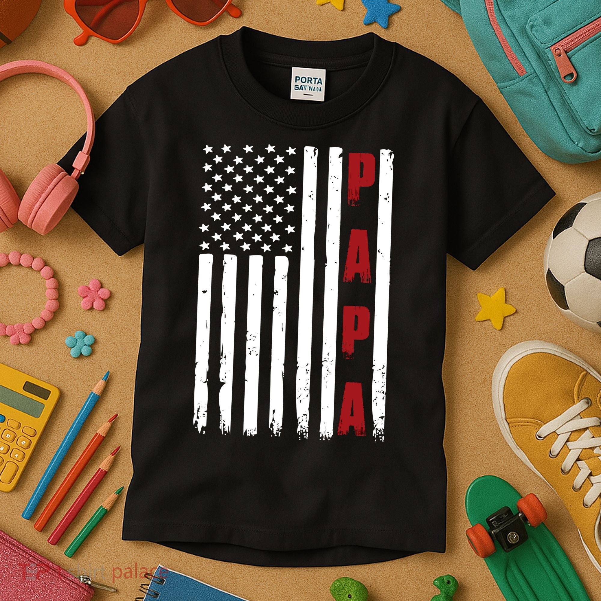 Papa USA Flag Gift For Dad Fathers Day Kids T-Shirt