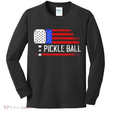 Pickleball US Flag Vintage Pickleball Paddle Kids Long Sleeve Shirt