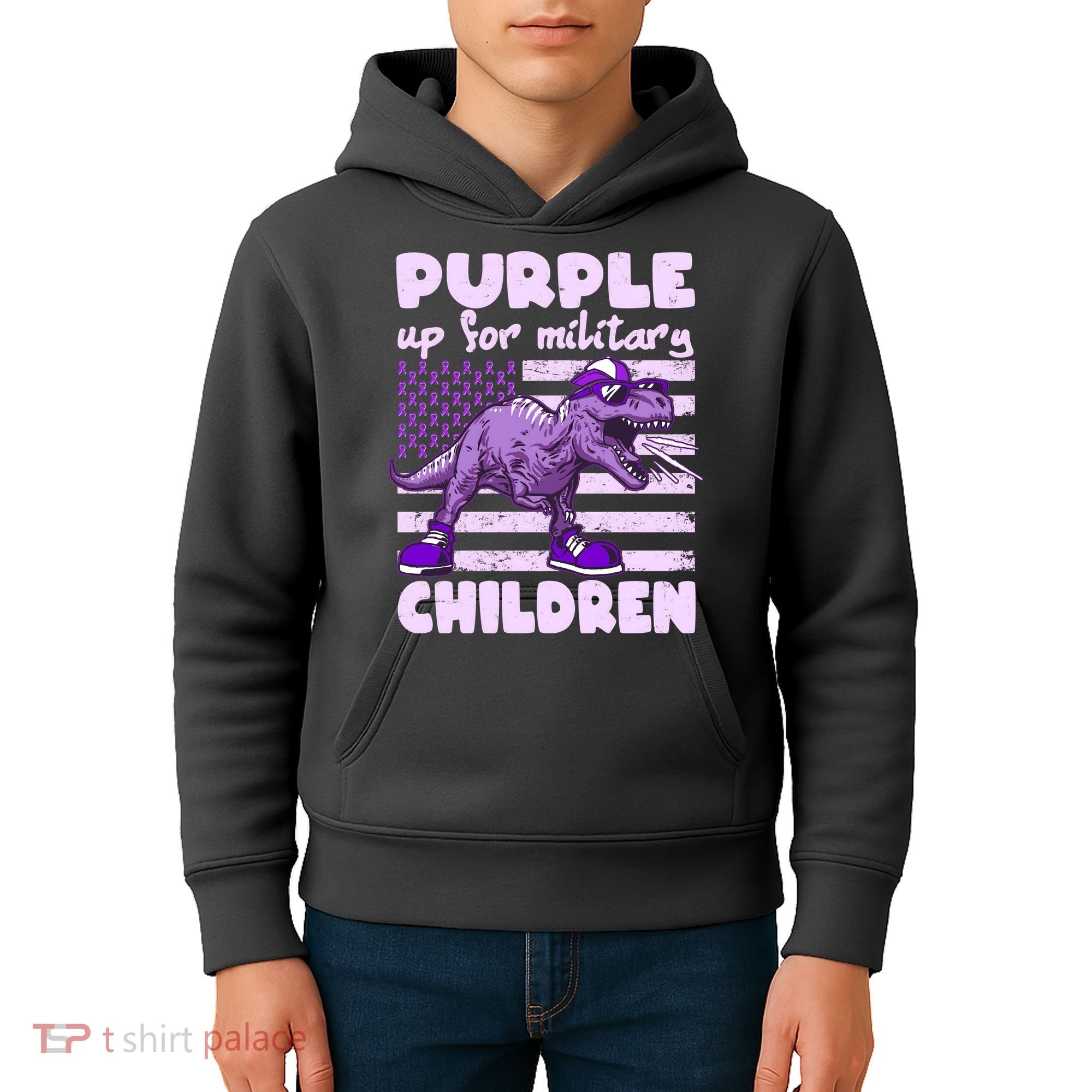 Purple Up For Military Children TRex Dinosaur Kids Hoodie