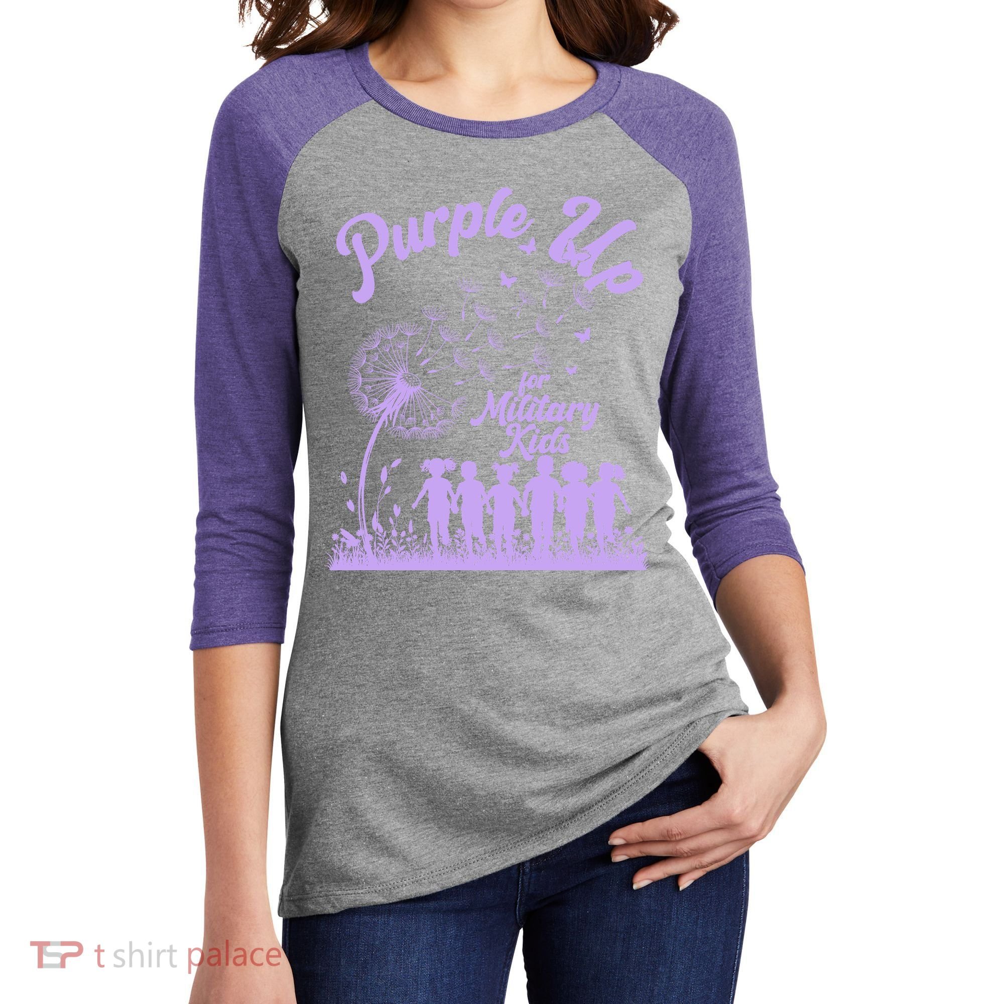 Purple Up For Military Kids Dandelion Women's Tri-Blend 3/4-Sleeve Raglan Shirt