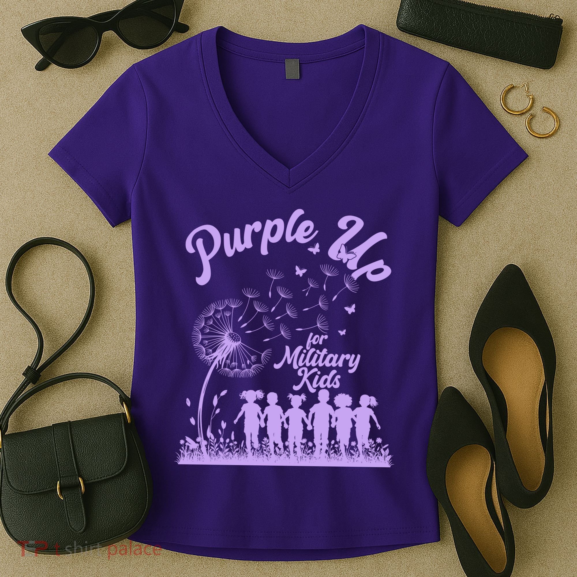 Purple Up For Military Kids Dandelion Women's V-Neck T-Shirt