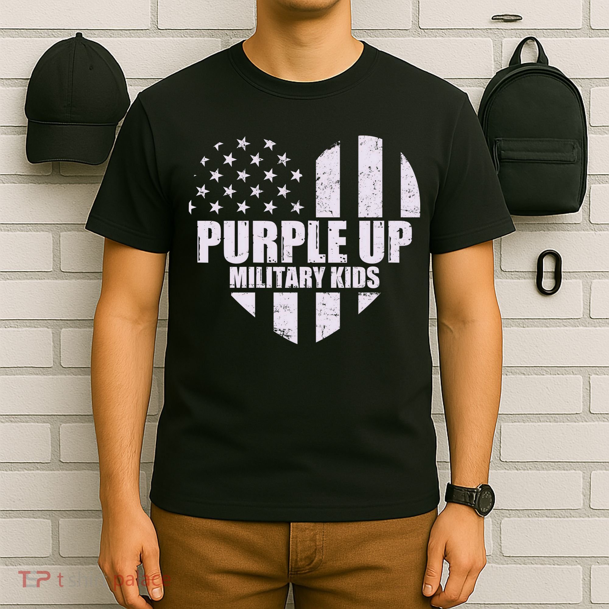 Purple Up For Military Children USA Flag Heart T-Shirt