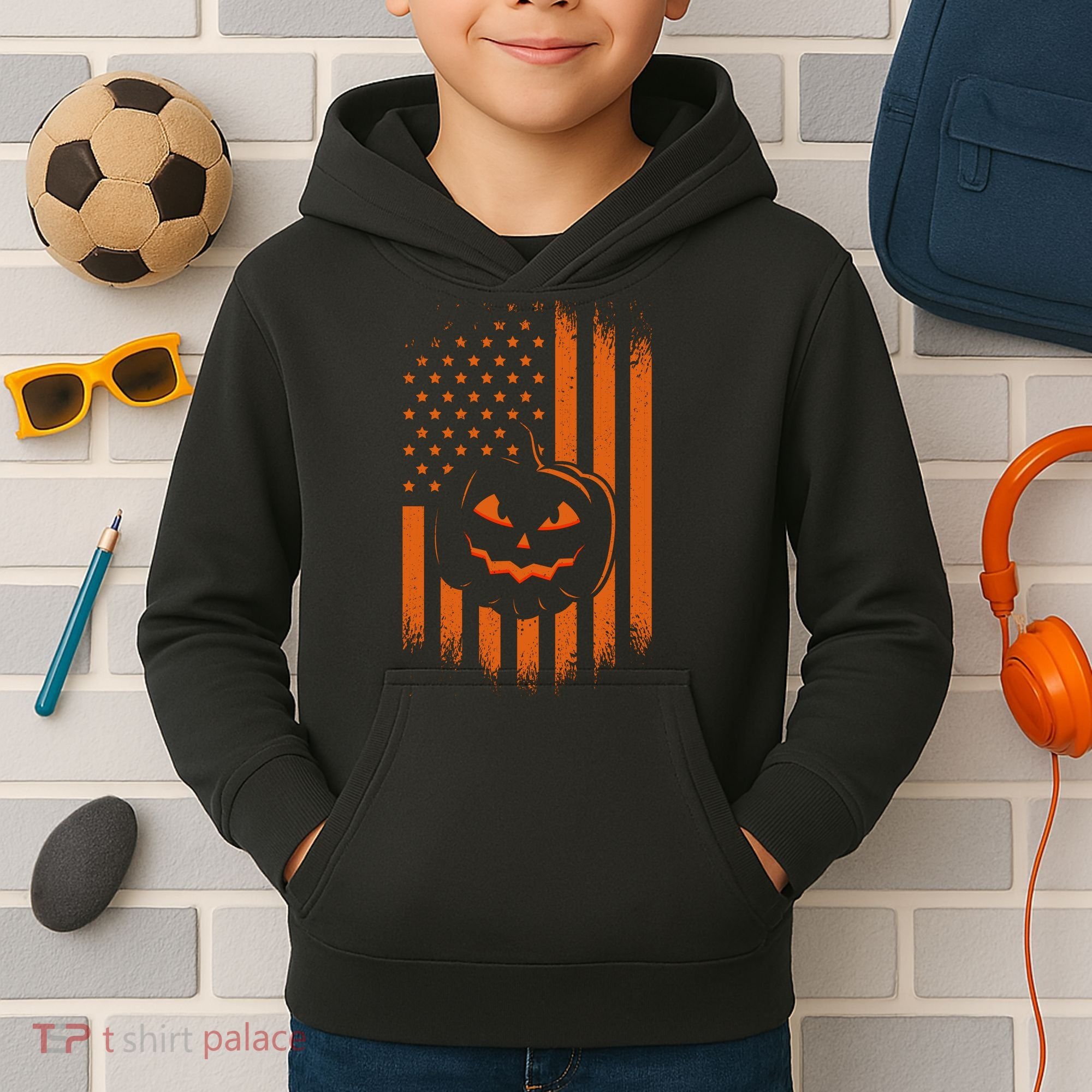 Pumpkin America Halloween Flag Kids Hoodie
