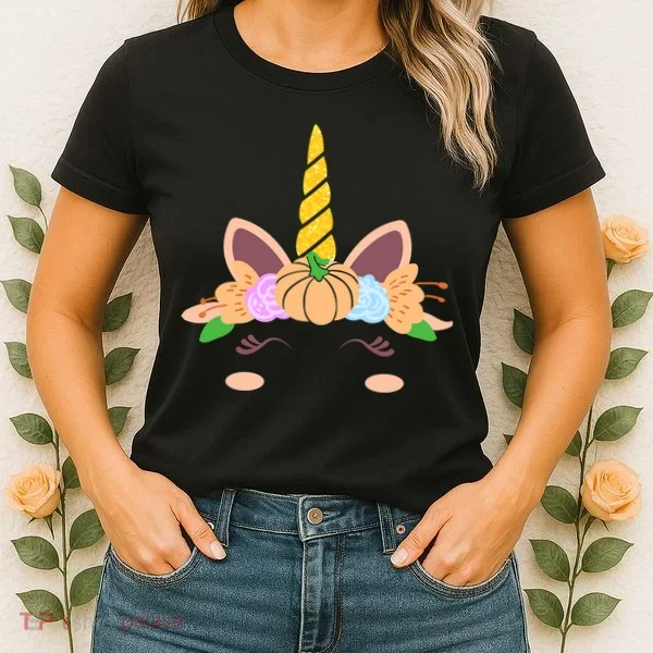Pumpkin Autumn Fall Unicorn Cute Women's T-Shirt