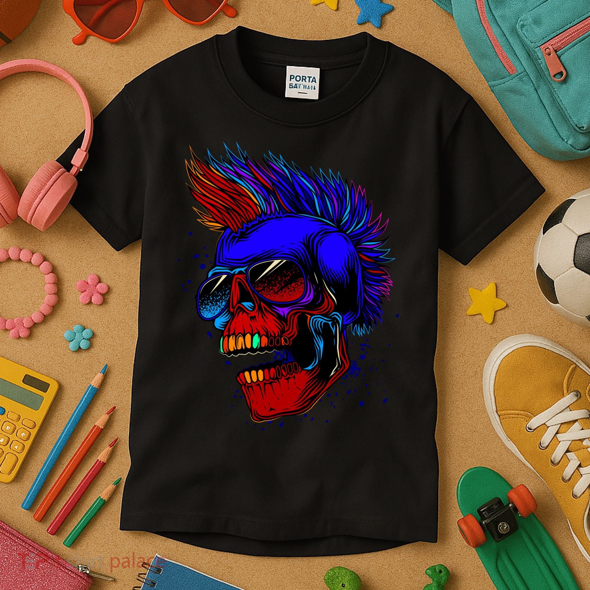 Punk Rock Neon Skull Head Kids T-Shirt
