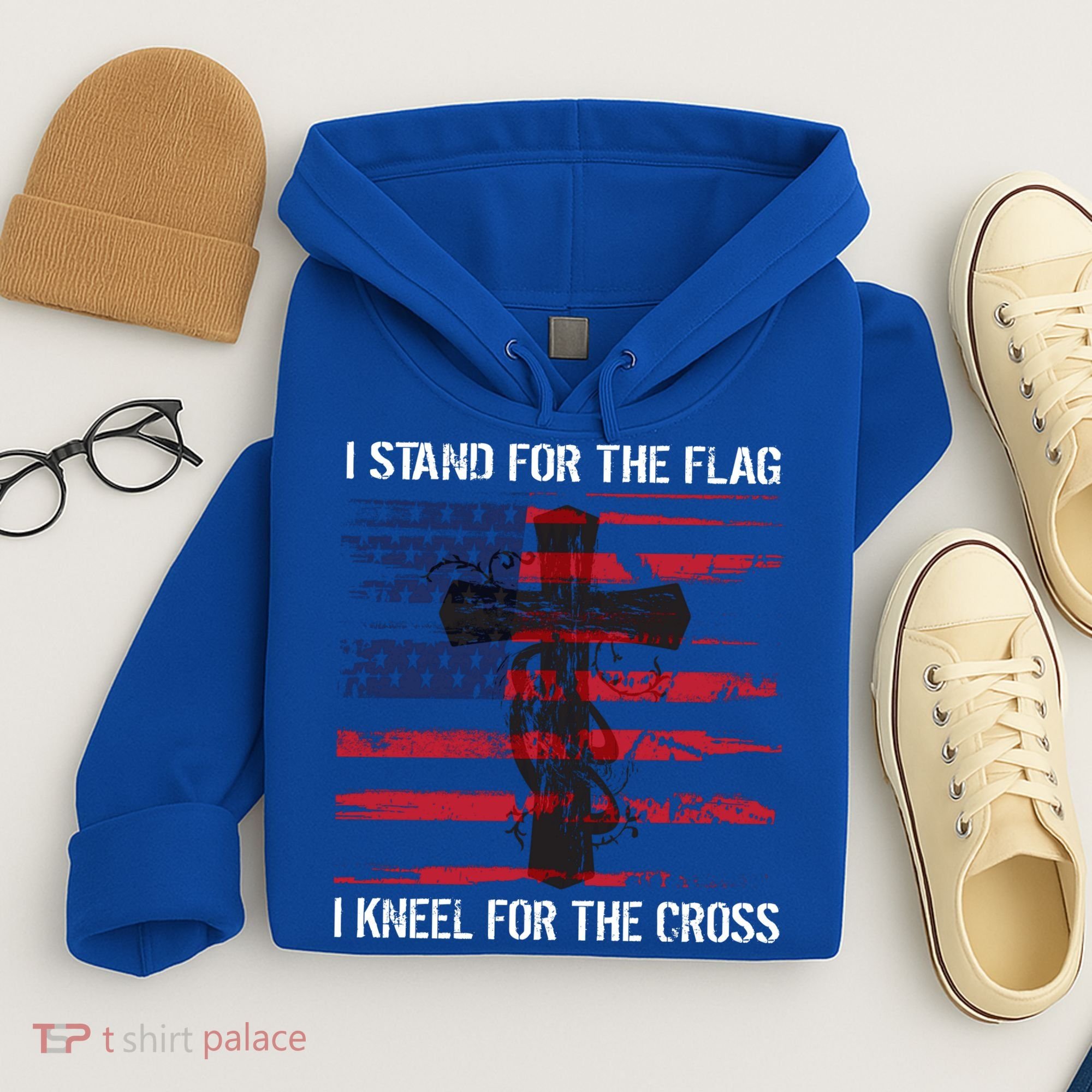 Proud Usa Quote Back Print I Stand American Flag Kneel Cross Cool Gift Hoodie