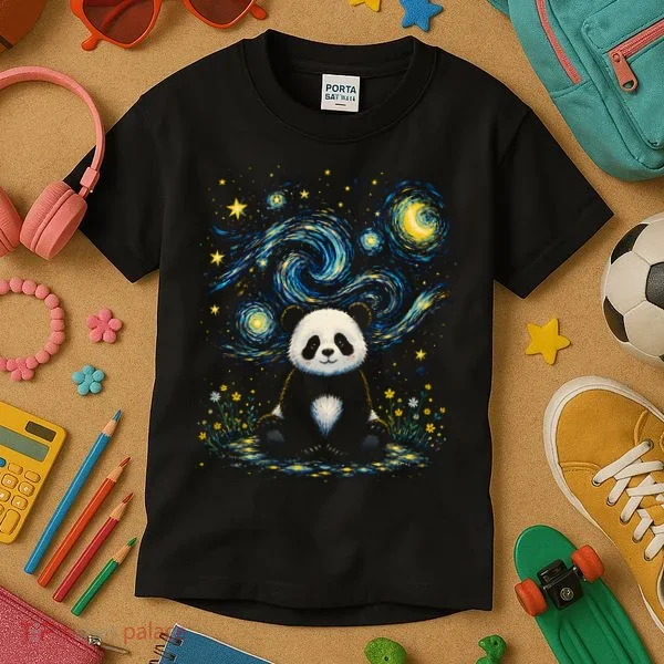 Panda Under Starry Night Sky Cosmic Kids T-Shirt