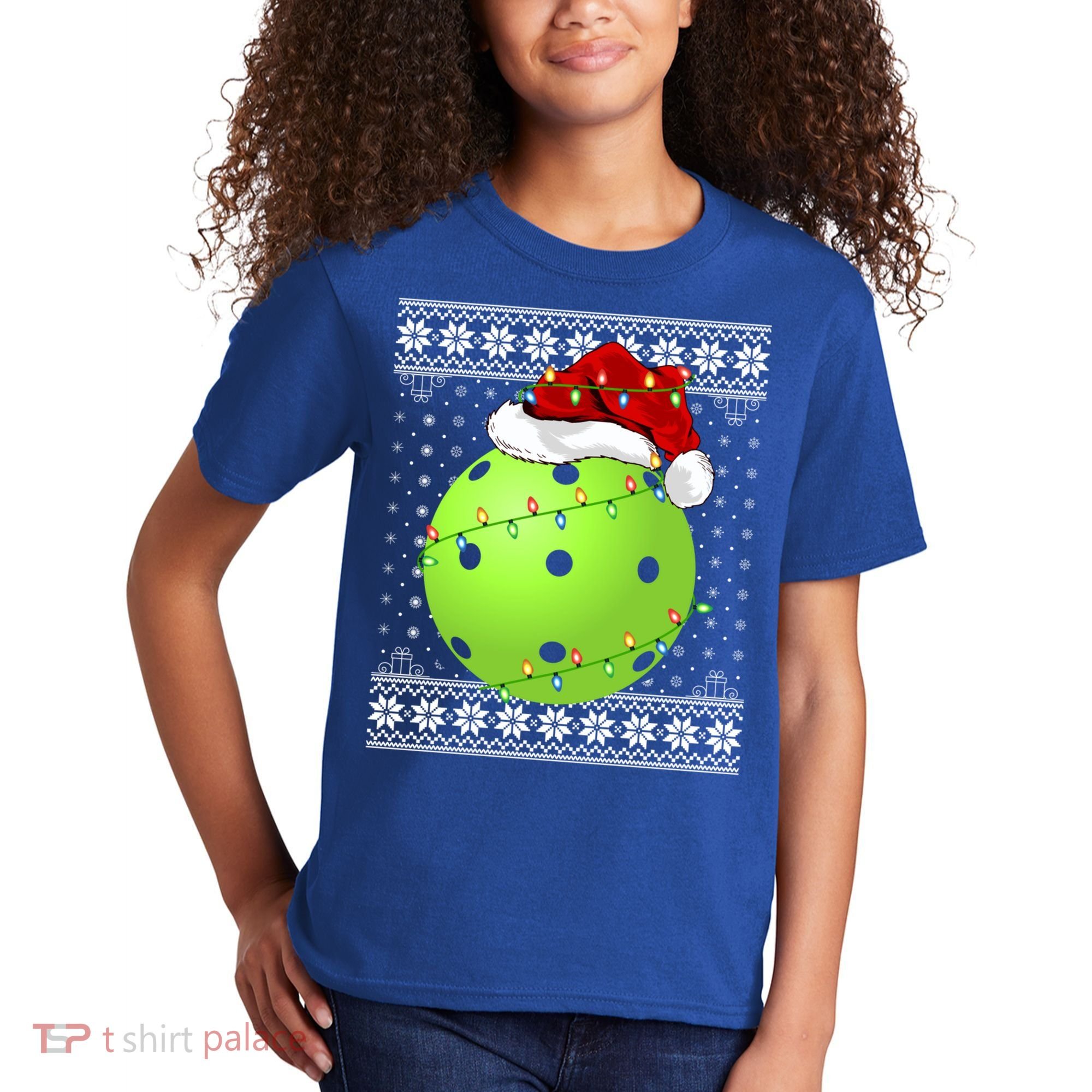 Pickleball Ugly Sweater Santa Lighting Pickleball Christmas Gift Kids T-Shirt