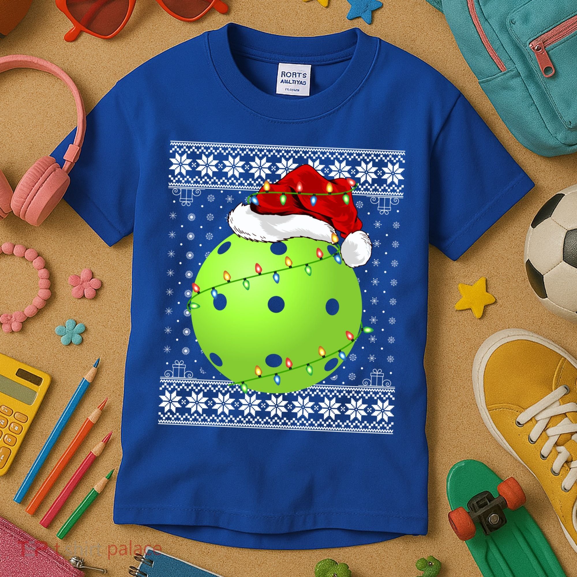 Pickleball Ugly Sweater Santa Lighting Pickleball Christmas Gift Kids T-Shirt