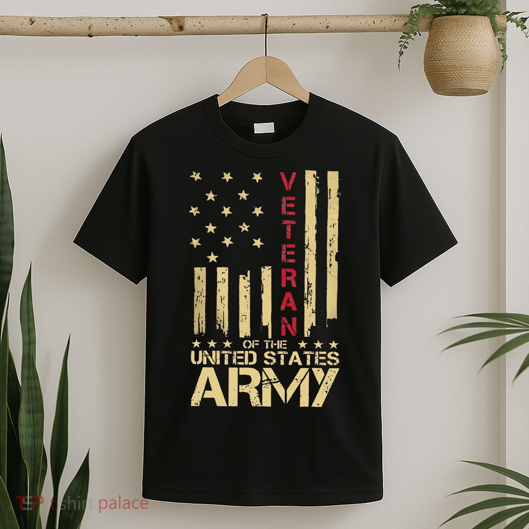Patriotic U S Army Veteran Red Line American Flag Vintage T-Shirt
