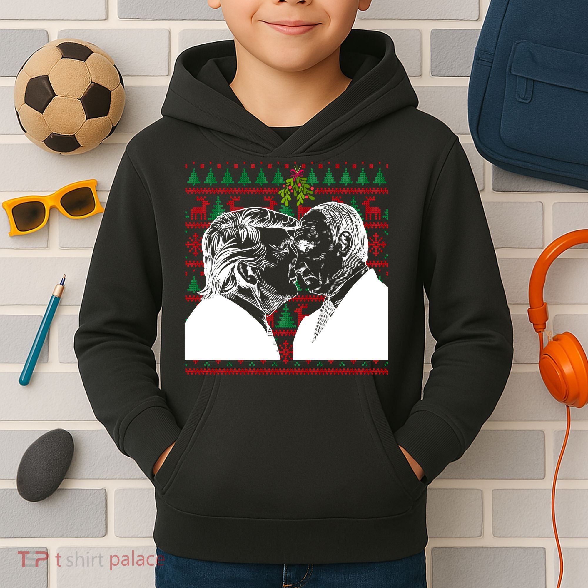 Putin Trump Mistletoe Ugly Christmas Sweater Kids Hoodie
