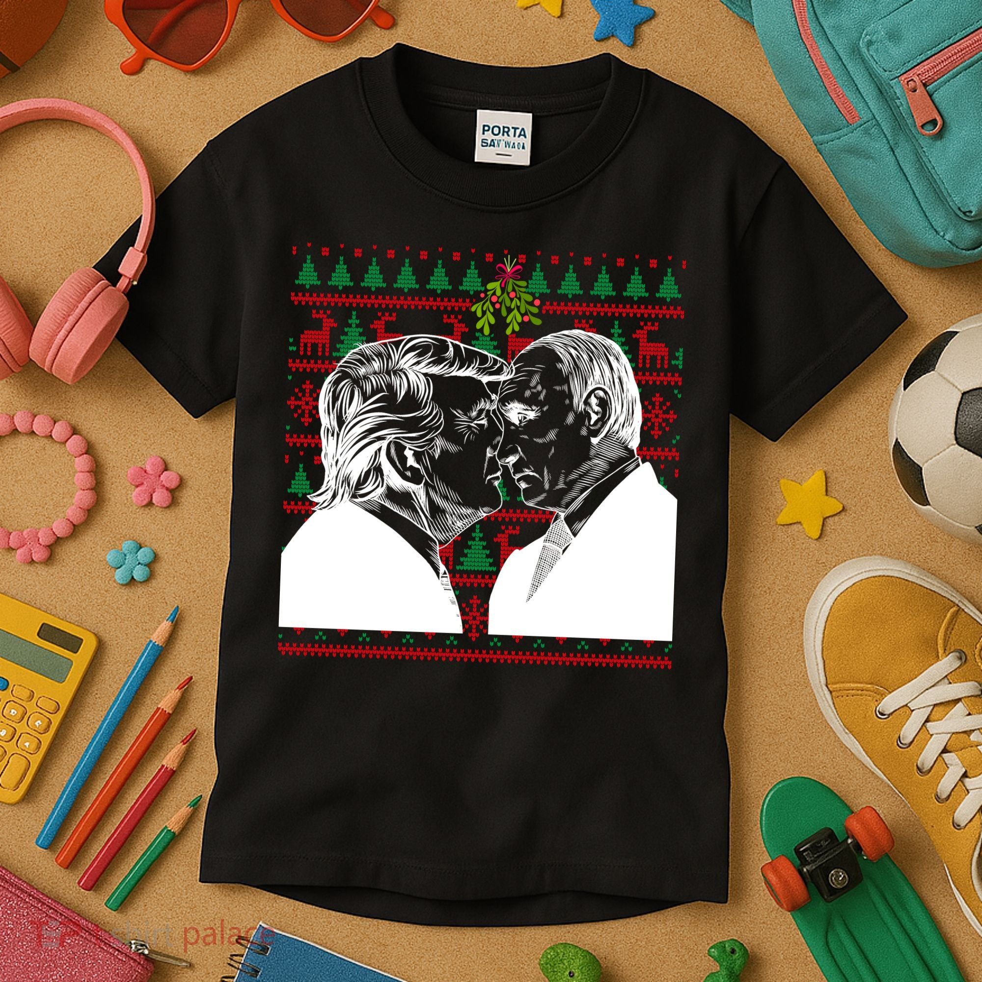 Putin Trump Mistletoe Ugly Christmas Sweater Kids T-Shirt