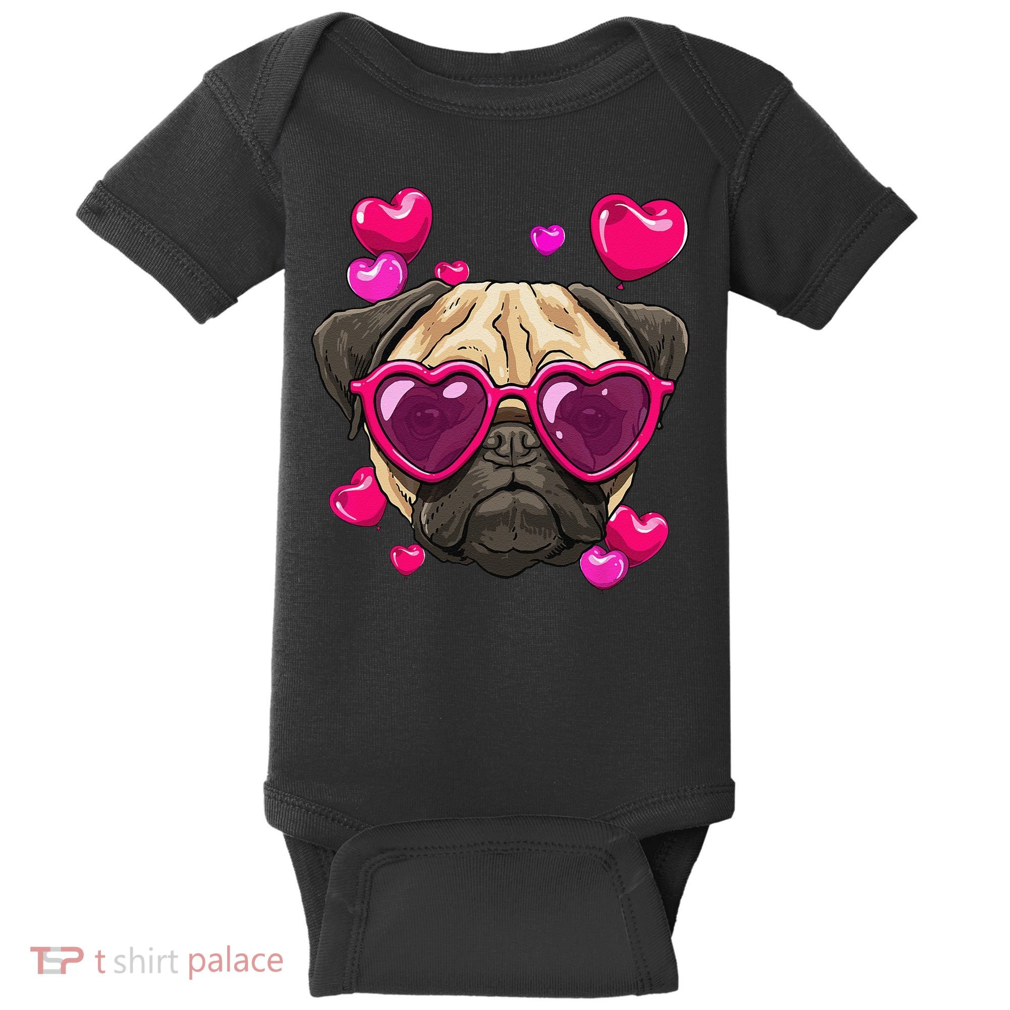 Pug Valentines Day Heart Pug Dog Lover Baby Bodysuit