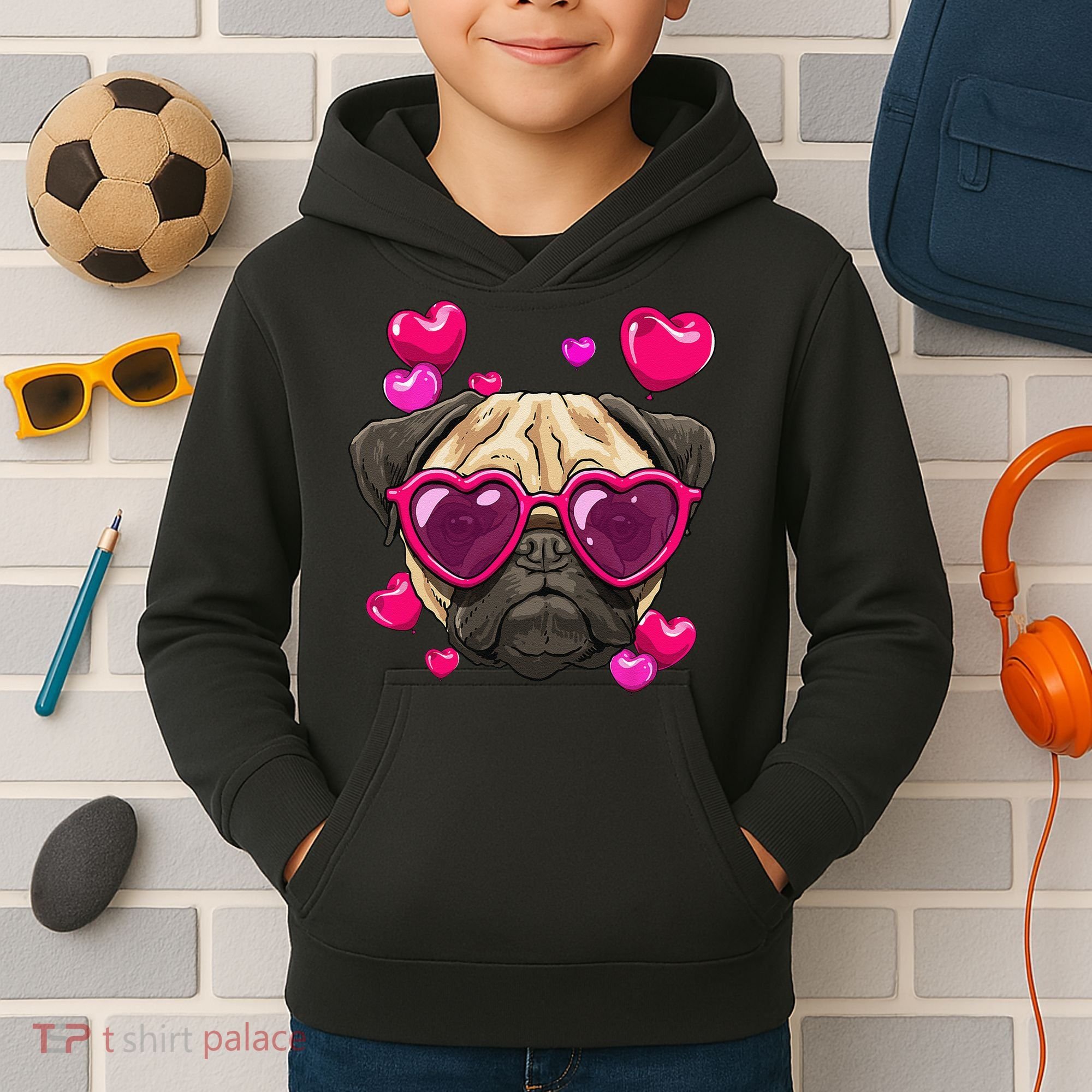 Pug Valentines Day Heart Pug Dog Lover Kids Hoodie