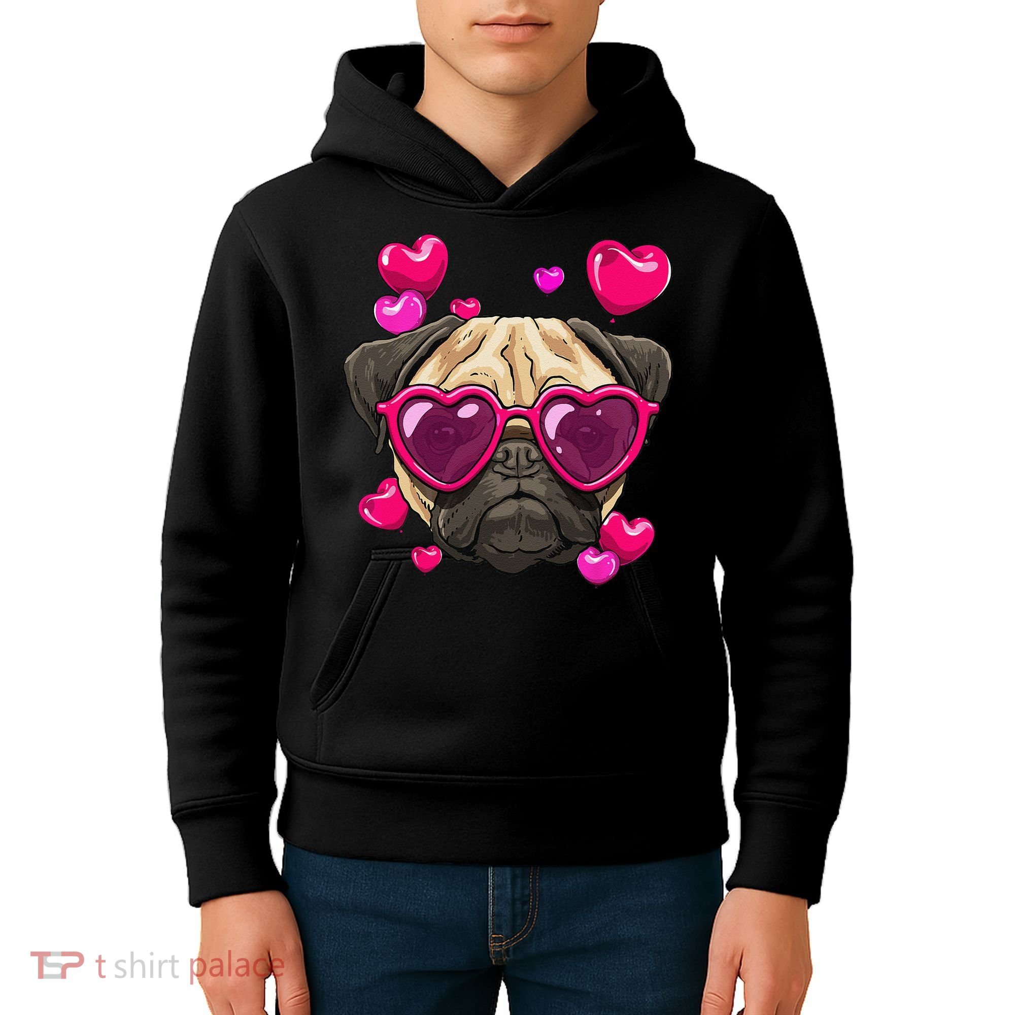 Pug Valentines Day Heart Pug Dog Lover Kids Hoodie