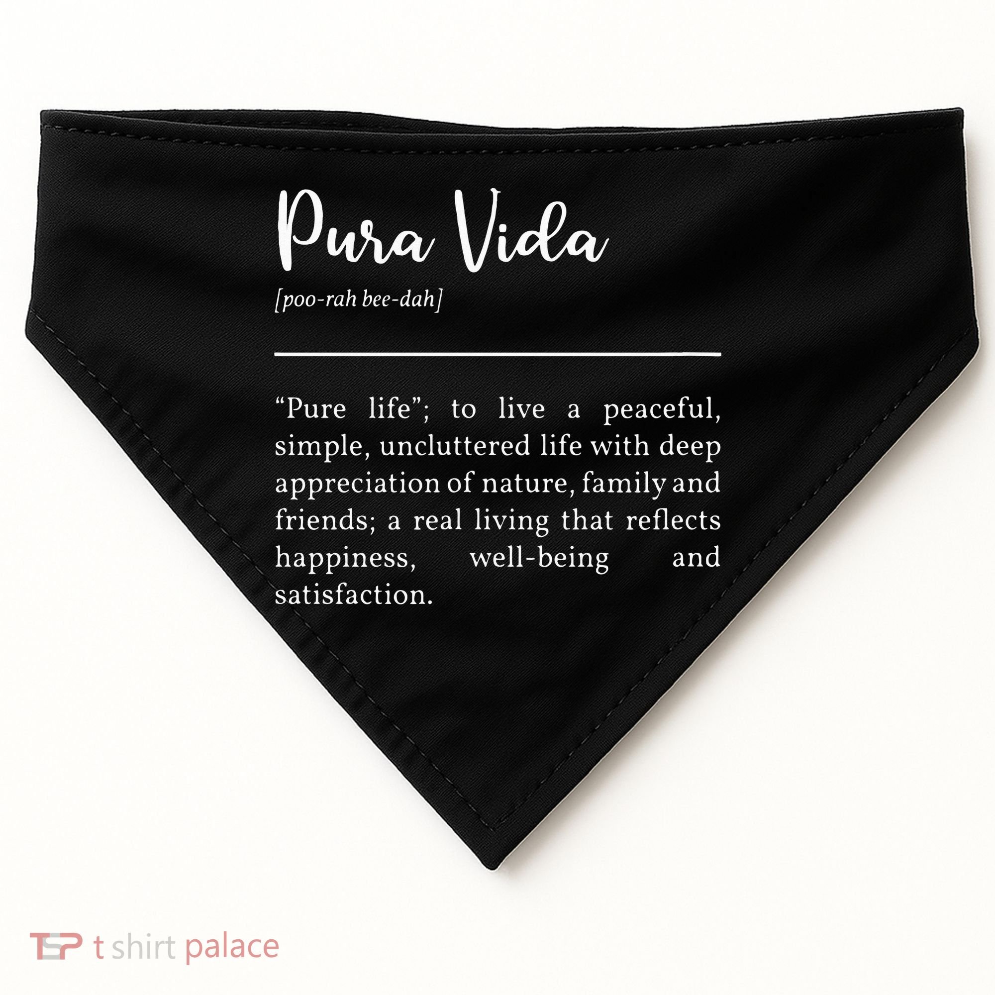 Pura Vida Definition In White Typographic USA-Made Doggie Bandana