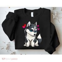 Pomsky Valentine Husky and Pomeranian Puppy With Hearts Sweatshirt thumb 2