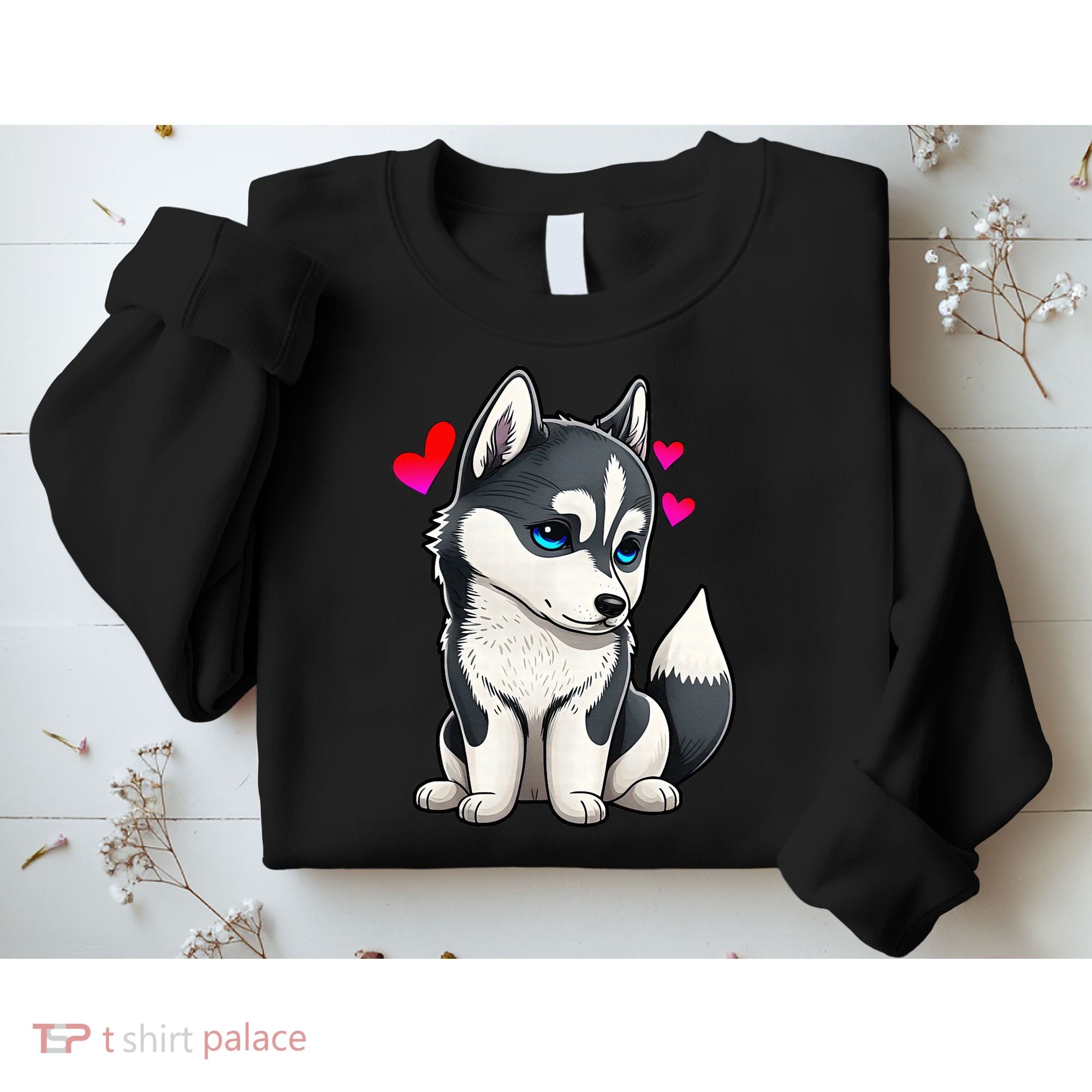 Pomsky Valentine Husky and Pomeranian Puppy With Hearts Sweatshirt