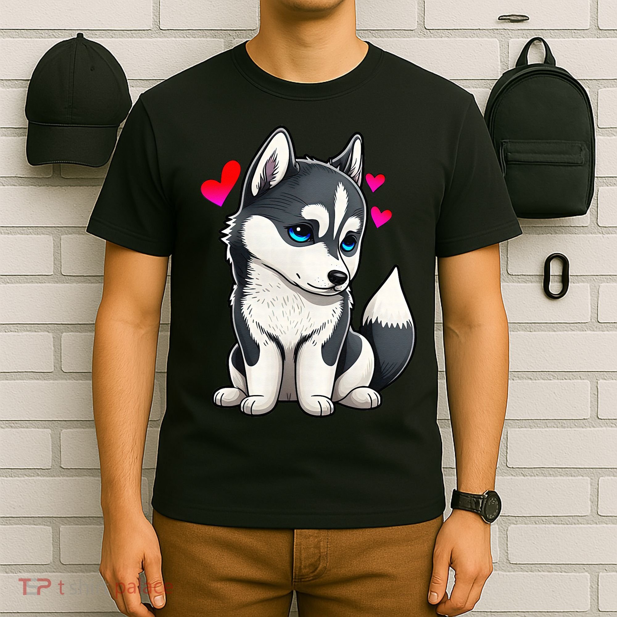 Pomsky Valentine Husky and Pomeranian Puppy With Hearts T-Shirt