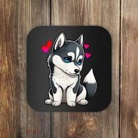 Pomsky Valentine Husky and Pomeranian Puppy With Hearts Coaster thumb 0