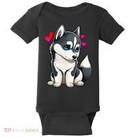 Pomsky Valentine Husky and Pomeranian Puppy With Hearts Baby Bodysuit thumb 0