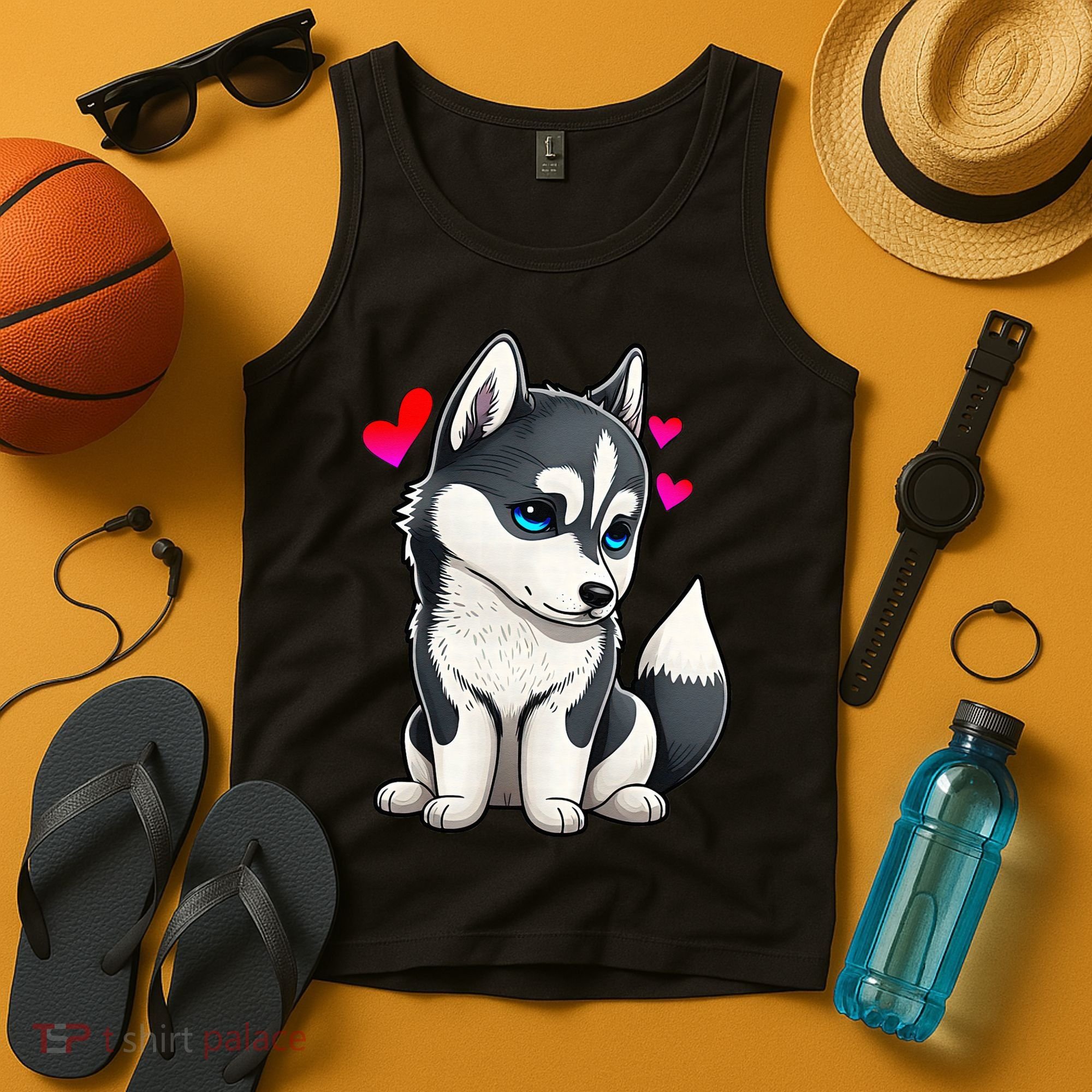 Pomsky Valentine Husky and Pomeranian Puppy With Hearts Tank Top