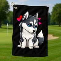 Pomsky Valentine Husky and Pomeranian Puppy With Hearts Golf Towel thumb 1