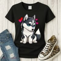 Pomsky Valentine Husky and Pomeranian Puppy With Hearts Women's T-Shirt thumb 3