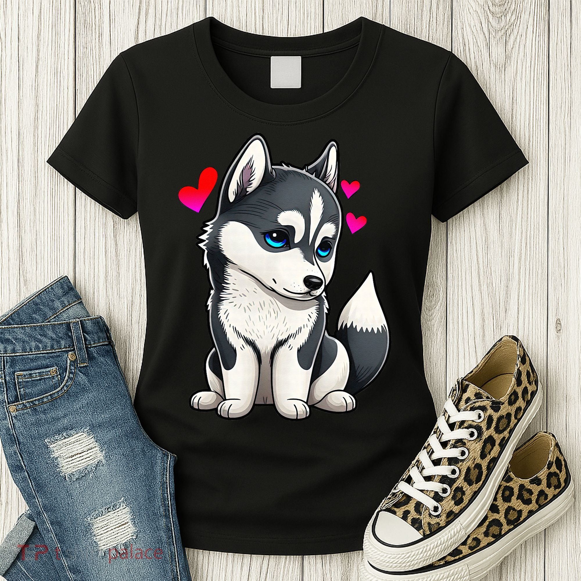 Pomsky Valentine Husky and Pomeranian Puppy With Hearts Women's T-Shirt