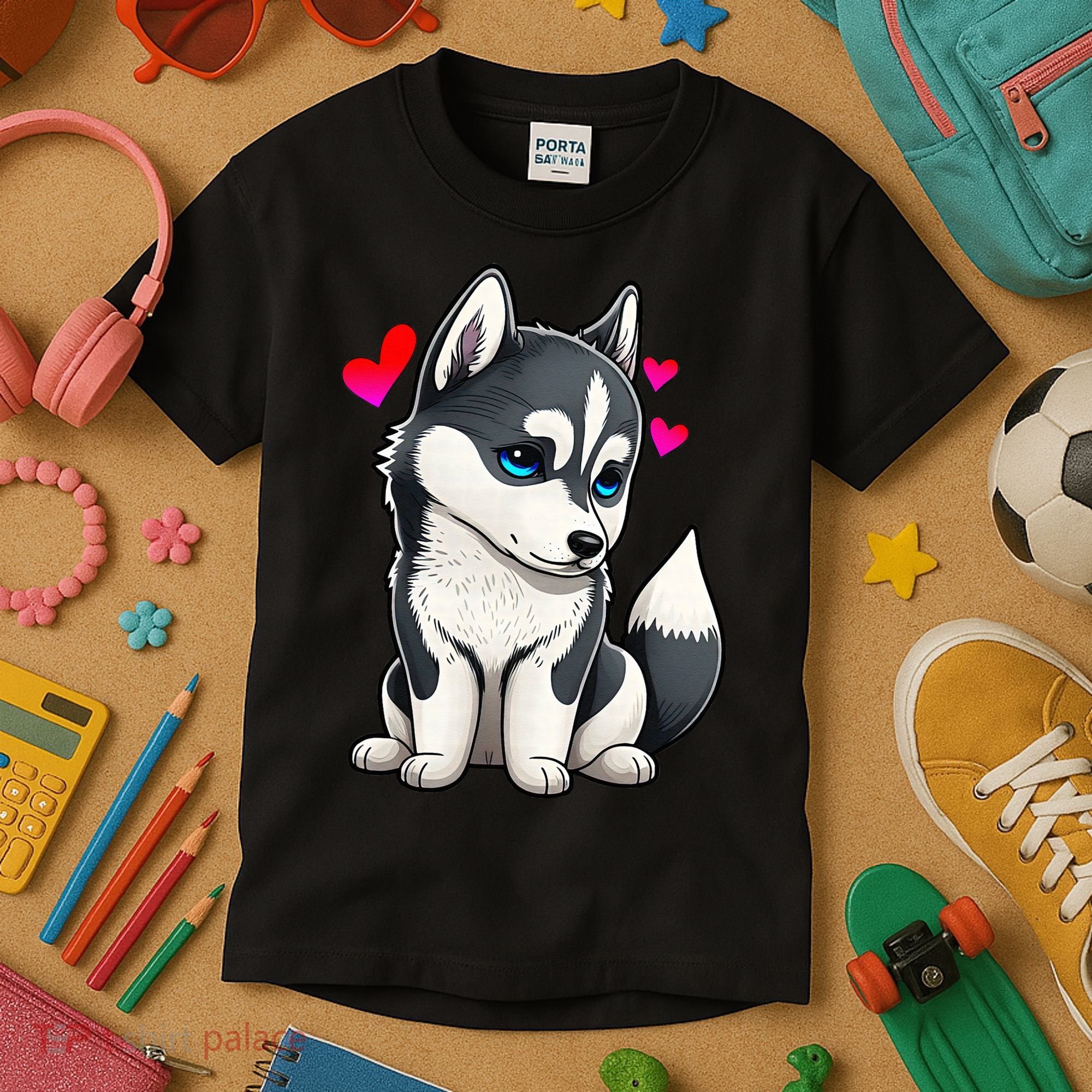 Pomsky Valentine Husky and Pomeranian Puppy With Hearts Kids T-Shirt