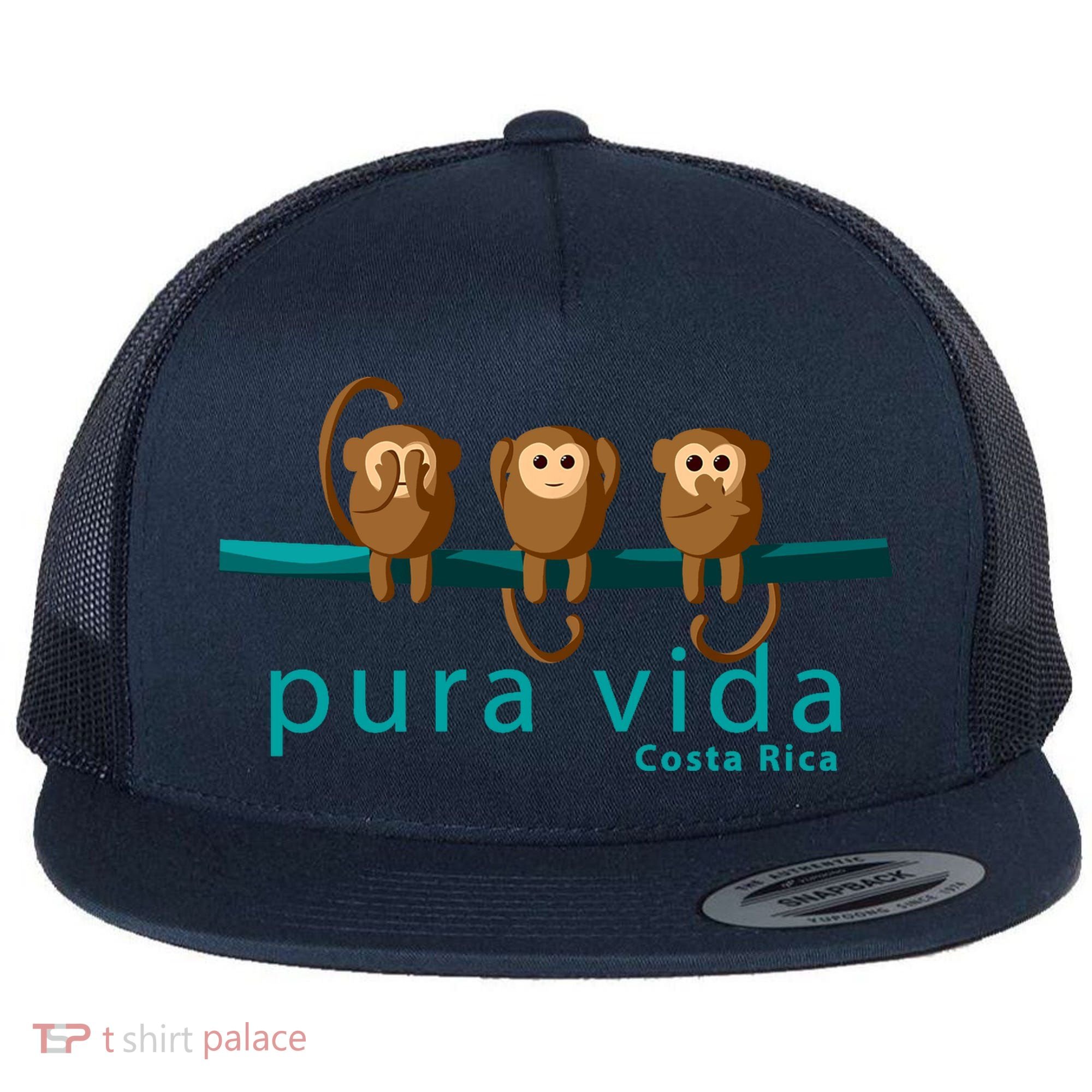 Pura Vida Monkeys Costa Rica Flat Bill Trucker Hat