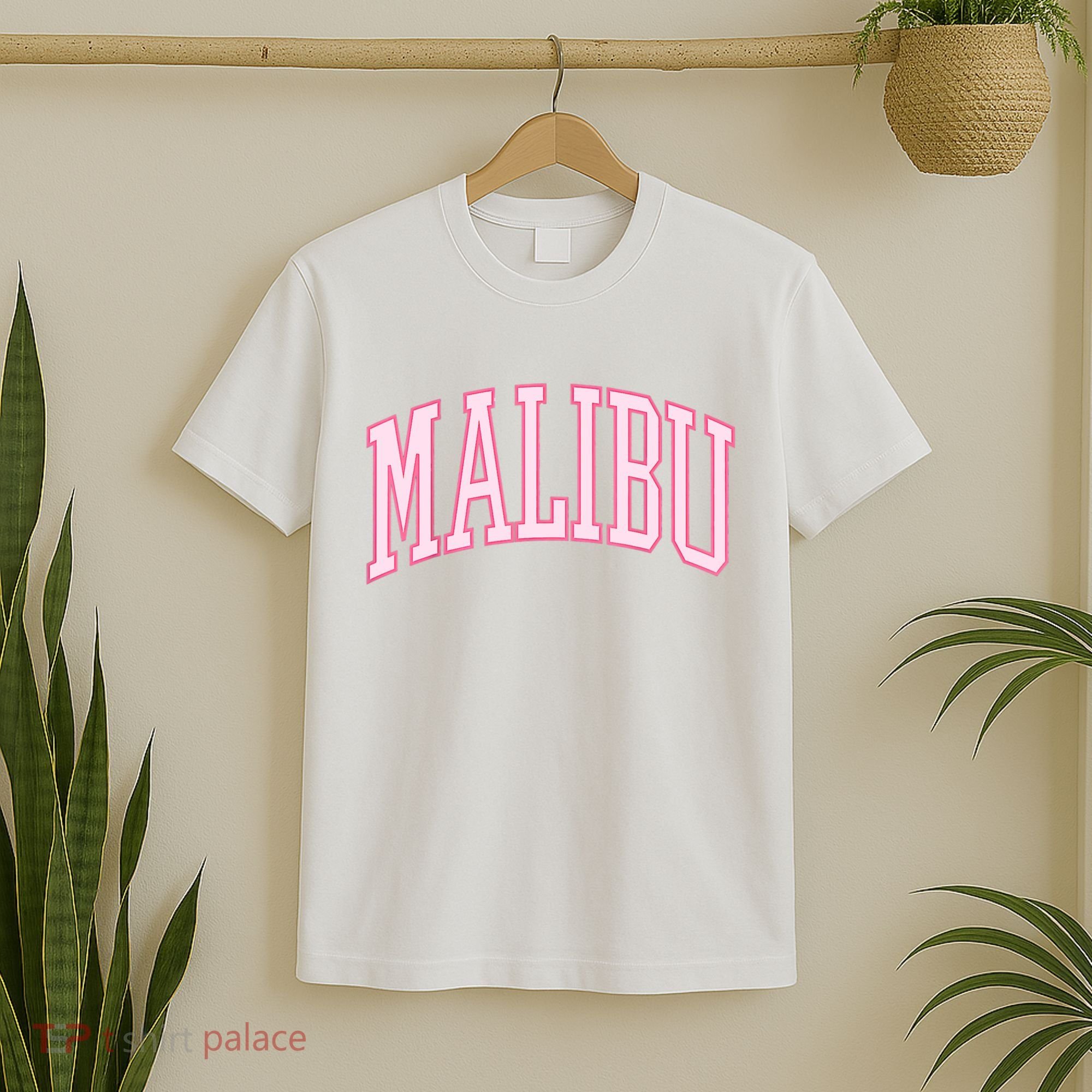 Preppy Varsity Pink Malibu CA California Font T-Shirt