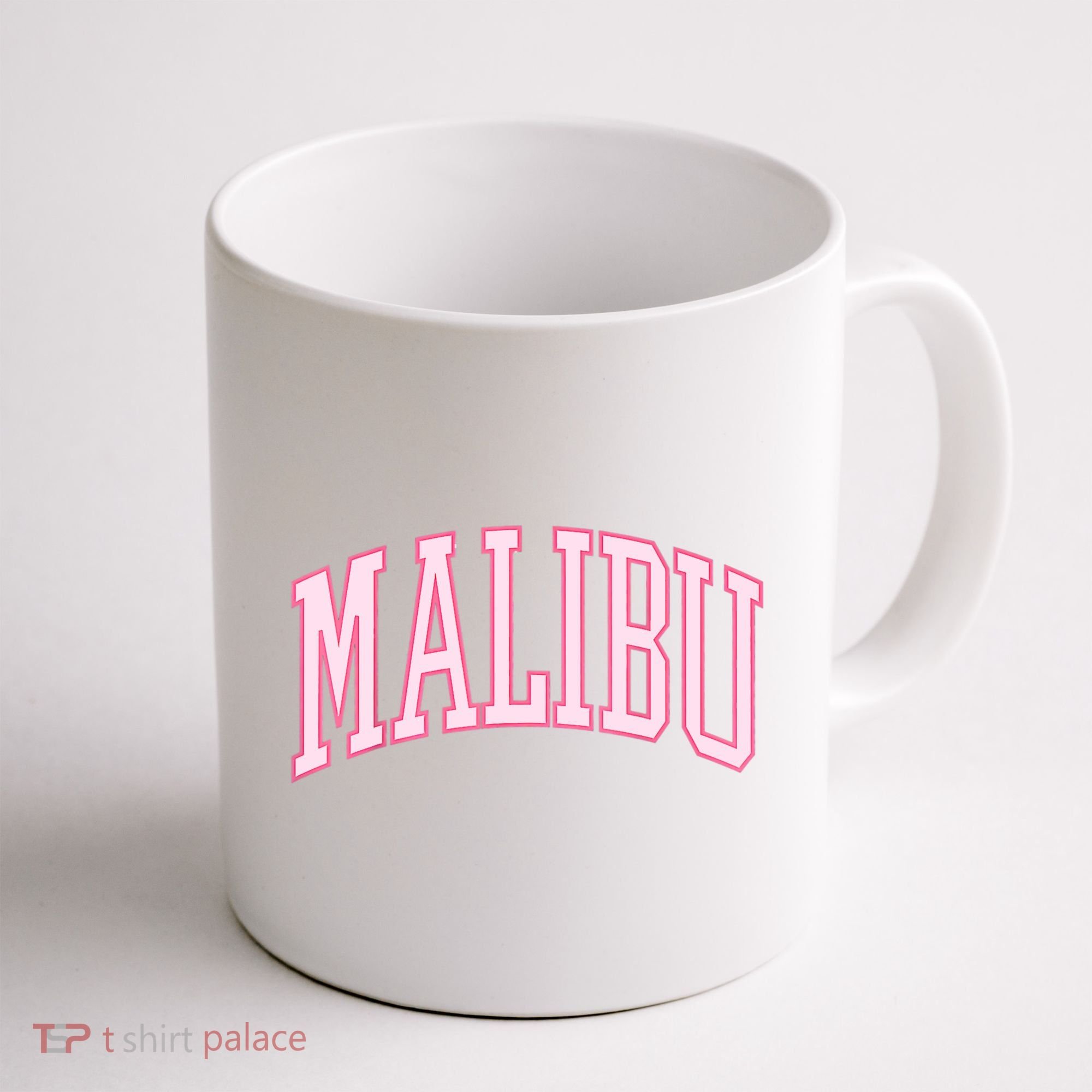 Preppy Varsity Pink Malibu CA California Font Coffee Mug