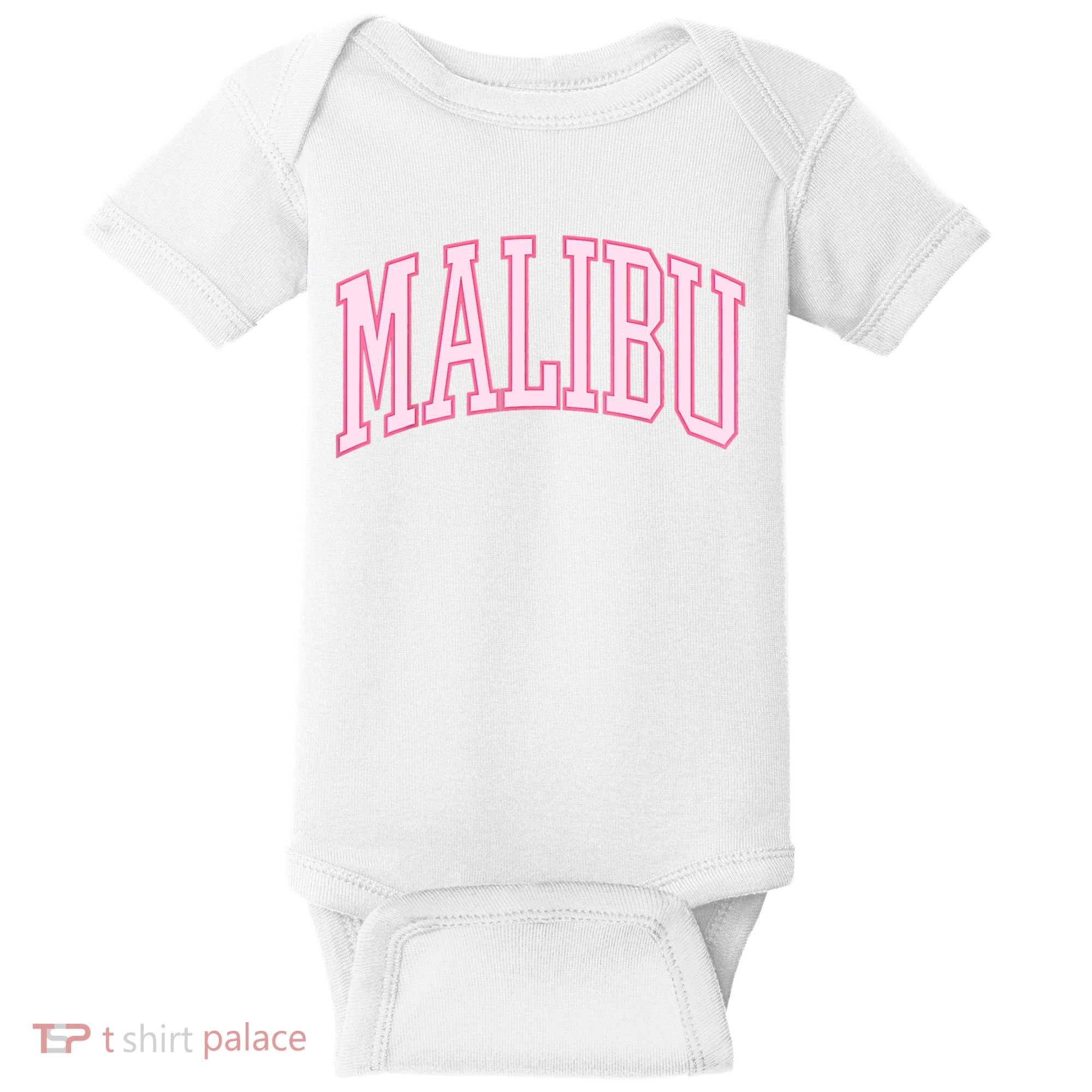 Preppy Varsity Pink Malibu CA California Font Baby Bodysuit