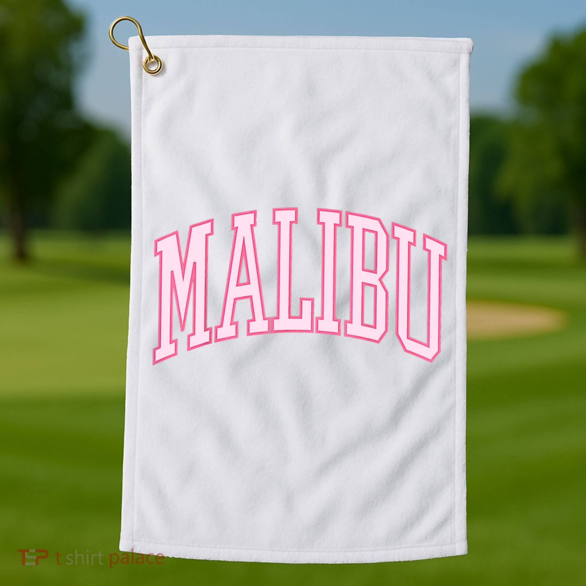 Preppy Varsity Pink Malibu CA California Font Golf Towel