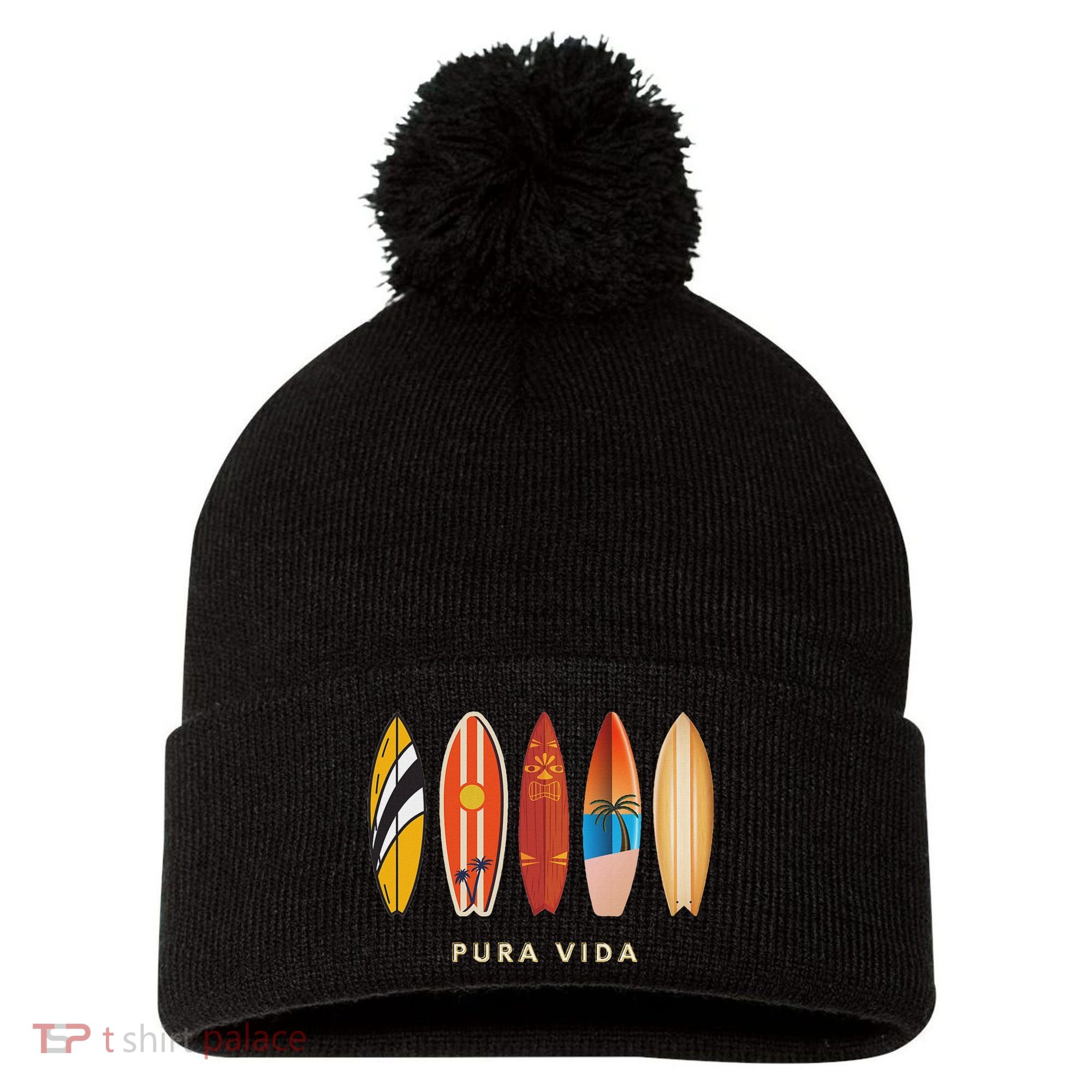 Pura Vida Surfboards Costa Rica Surfing Pom Pom 12in Knit Beanie