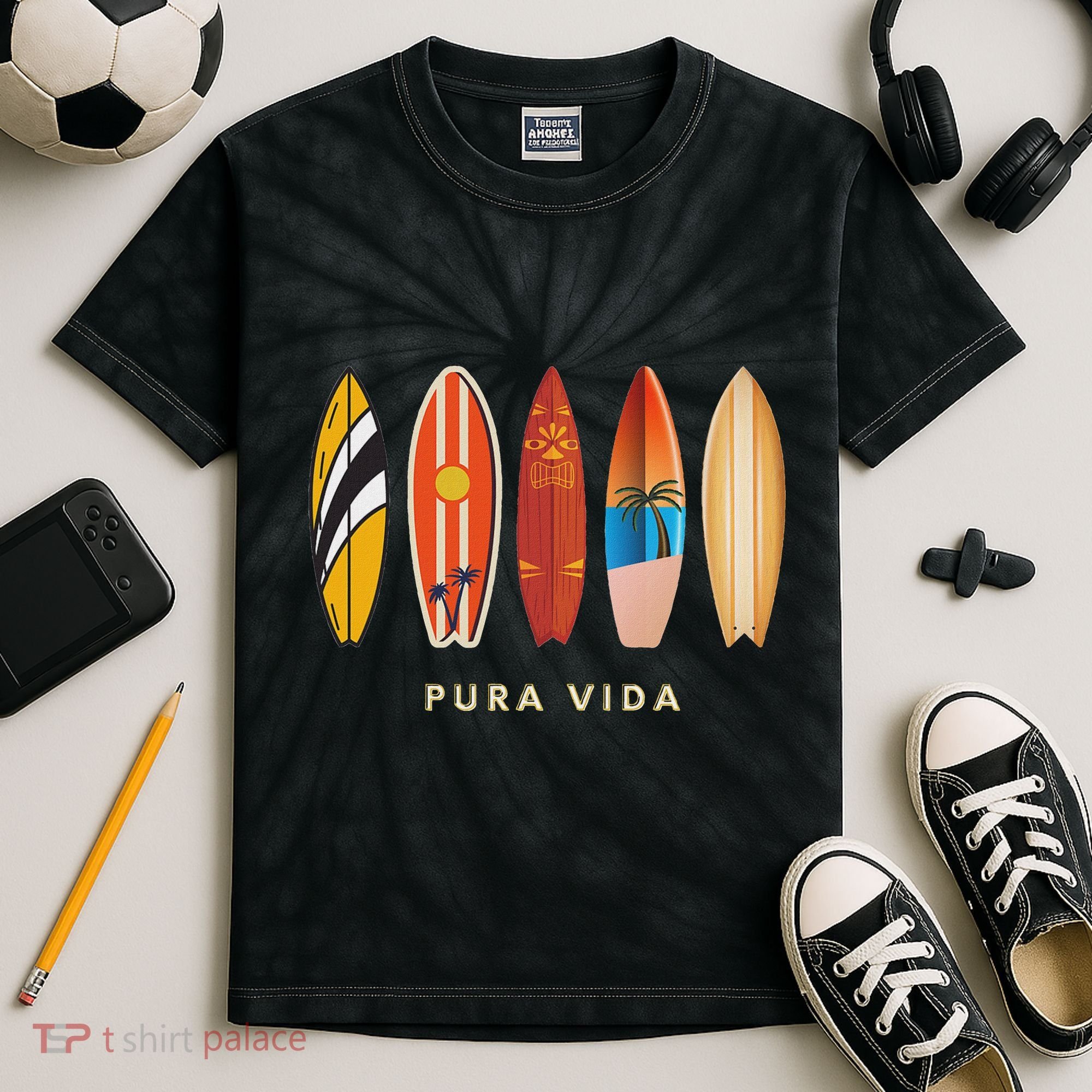 Pura Vida Surfboards Costa Rica Surfing Kids Tie-Dye T-Shirt