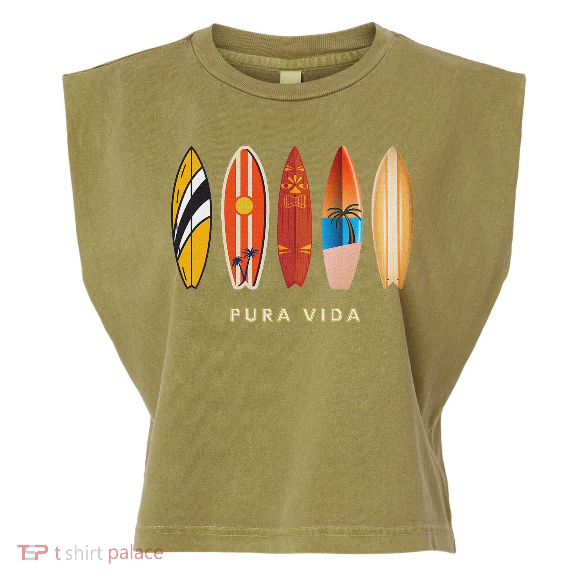 Pura Vida Surfboards Costa Rica Surfing Garment-Dyed Women's Muscle Tee
