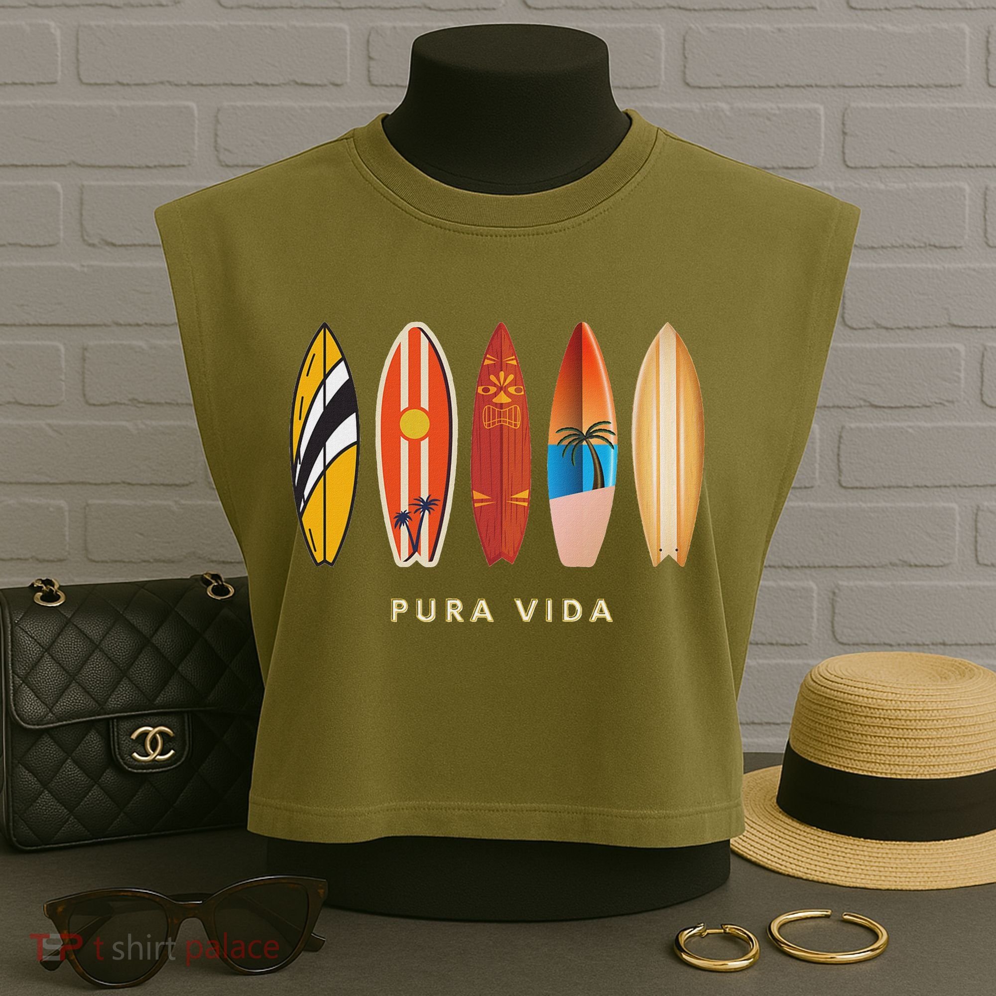 Pura Vida Surfboards Costa Rica Surfing Garment-Dyed Women's Muscle Tee