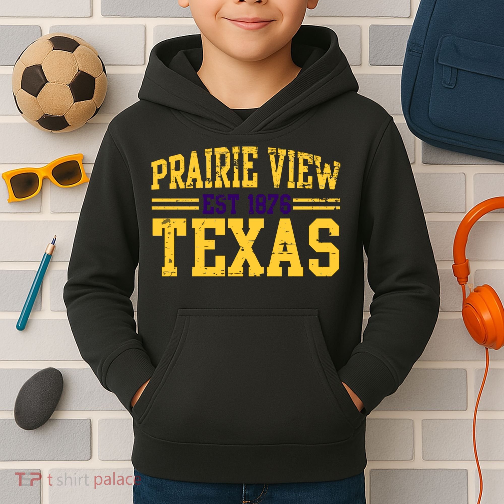 Prairie View Texas, Prairie Gift, Distressed Text Kids Hoodie