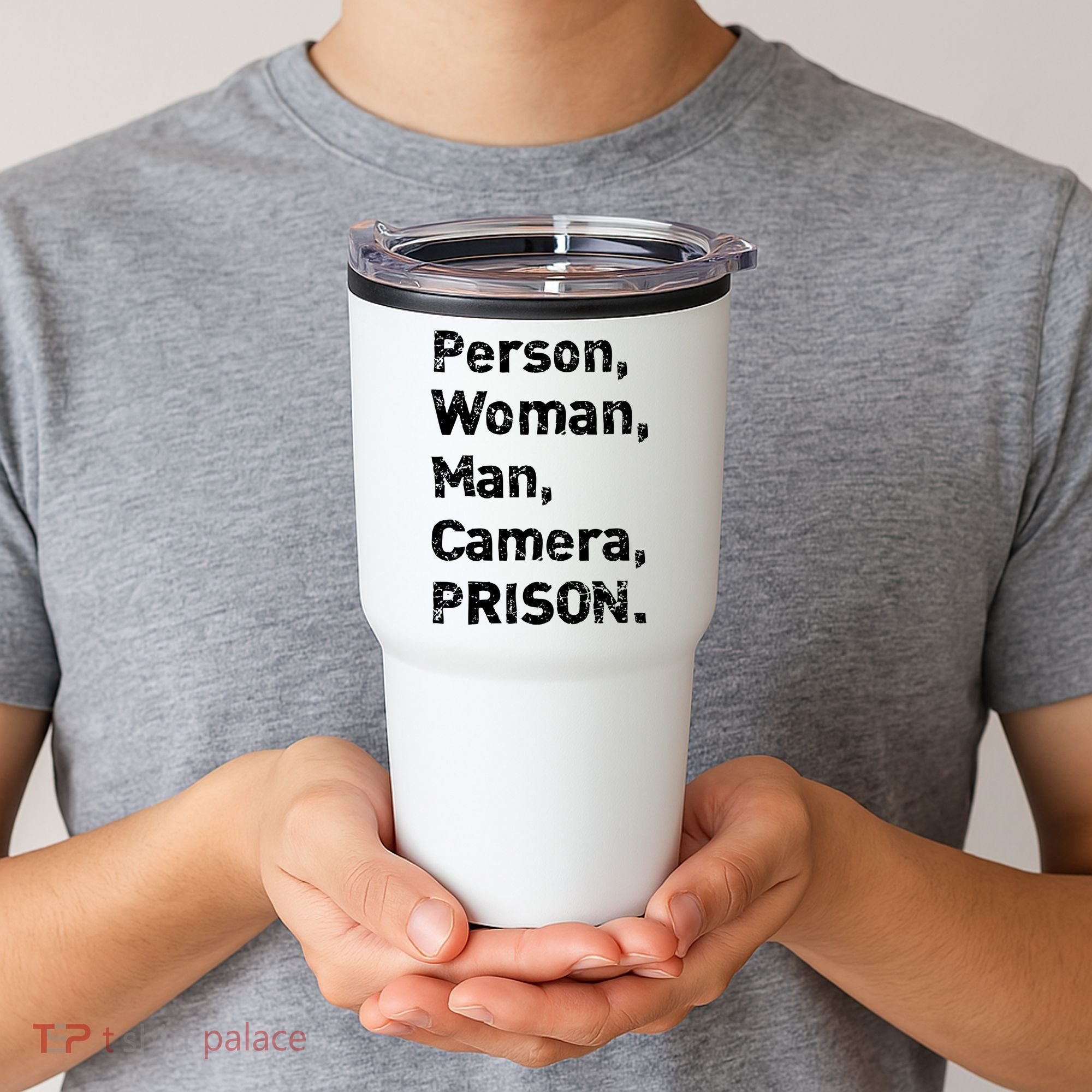 Person, Woman, Man, Camera, PRISON Tumbler