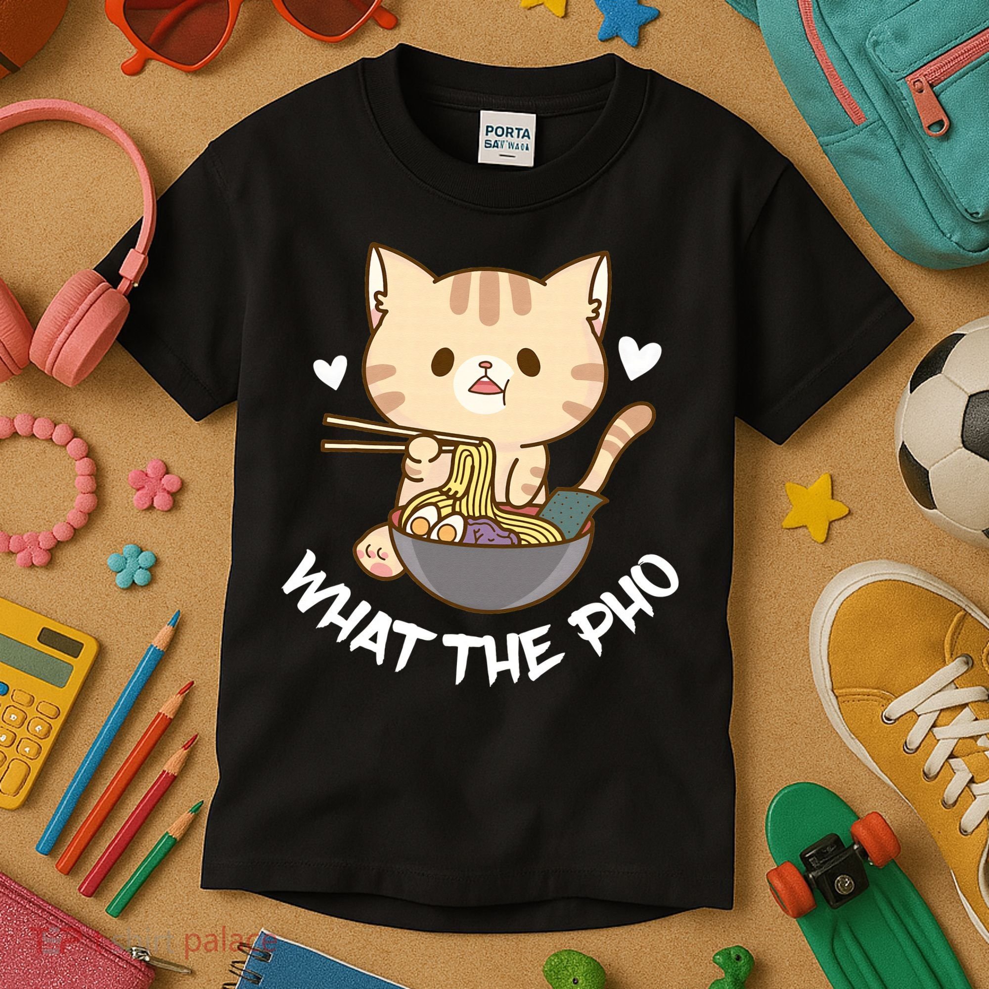Pho What The Pho Cute Cat Vietnamese Food Pho Soup Ra Kids T-Shirt