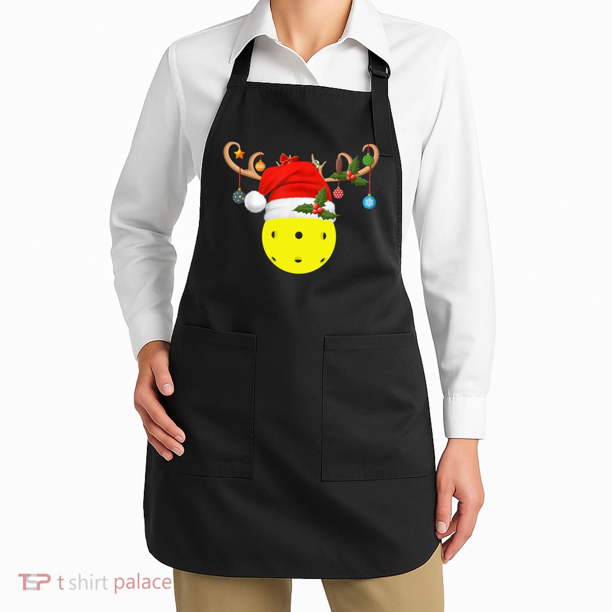 Pickleball Xmas Gift Reindeer Santa Hat Pickleball Christmas TShirt Apron