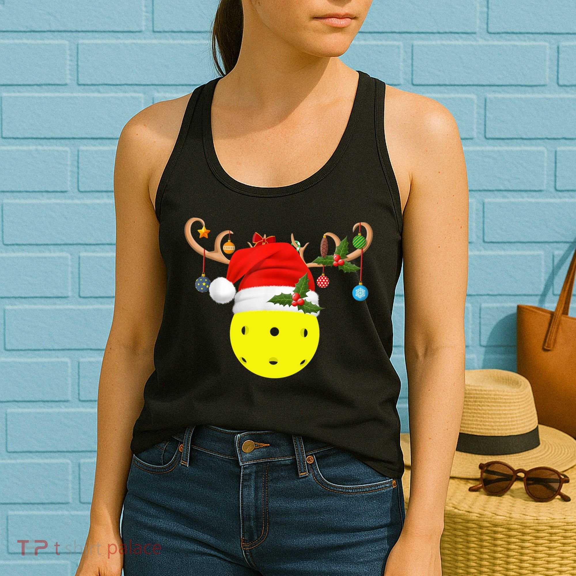 Pickleball Xmas Gift Reindeer Santa Hat Pickleball Christmas TShirt Women's Tank Top